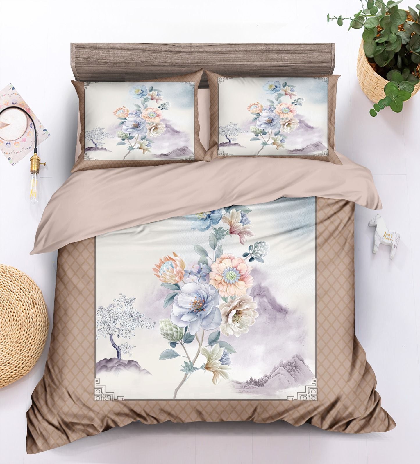 Light Brown & Multicolor Floral Print King Size Double Bedsheet Set