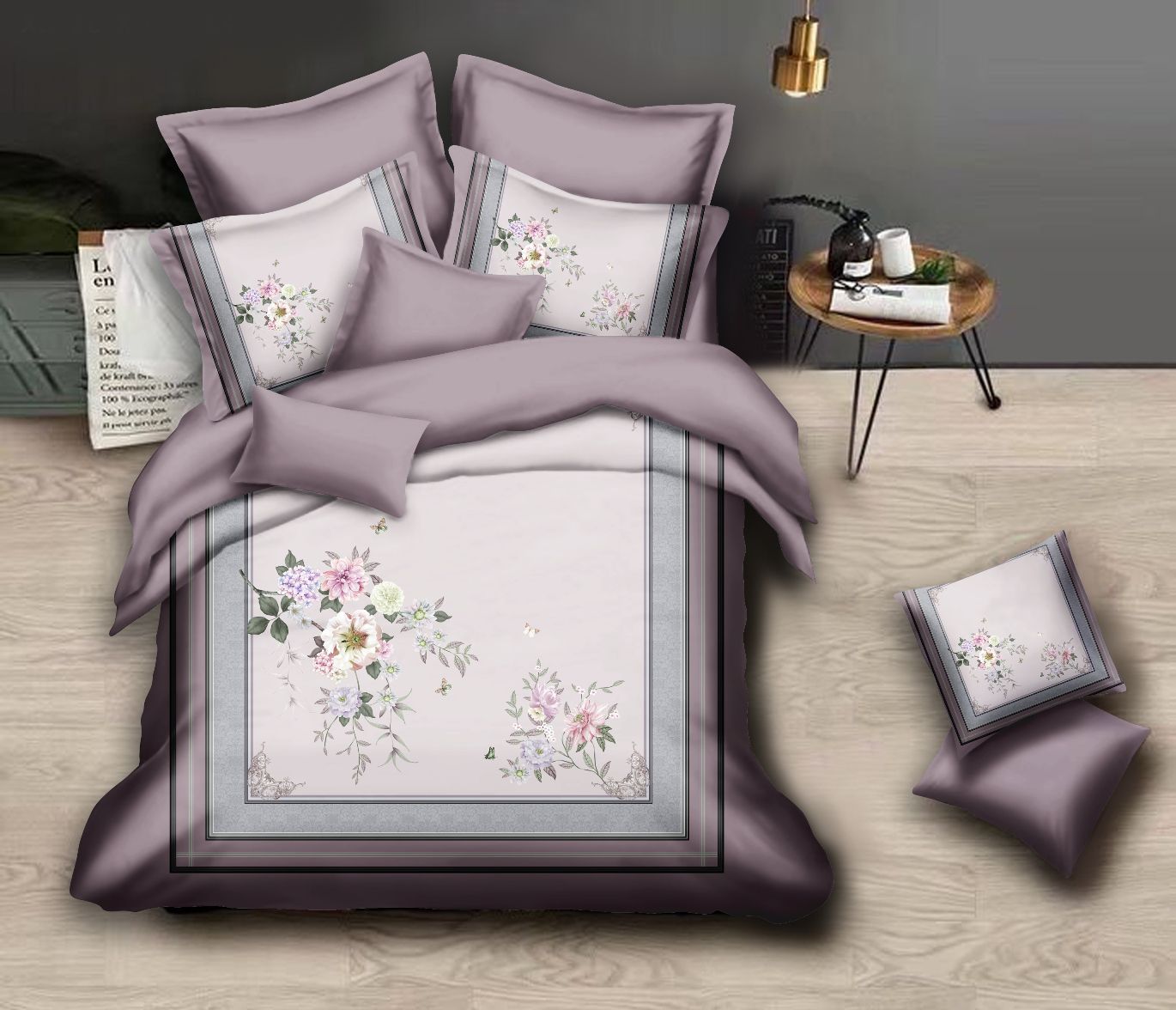 Purple & Multicolor Floral Print King Size Double Bedsheet Set