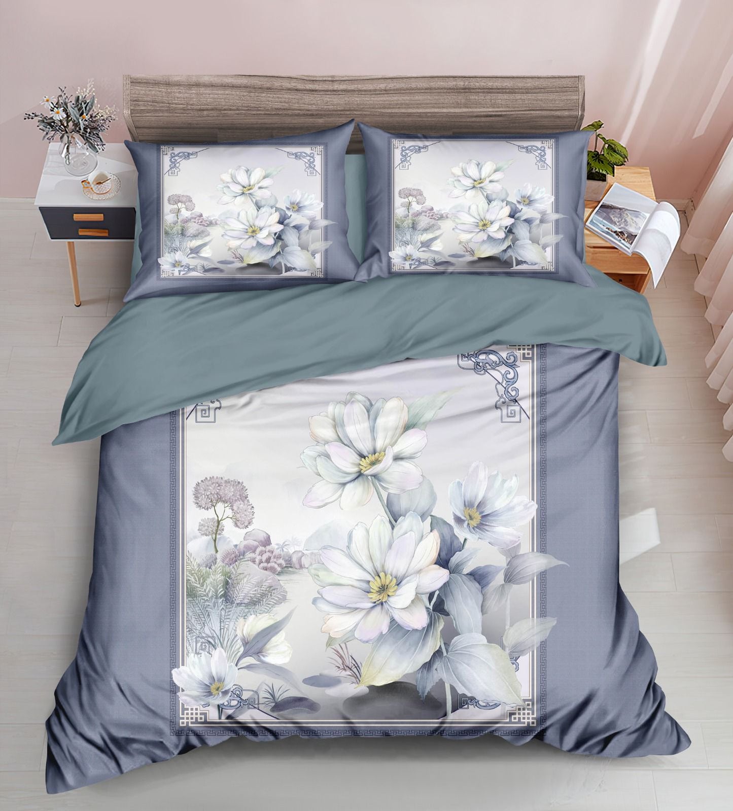 Blue & White Floral Print King Size Double Bedsheet Set