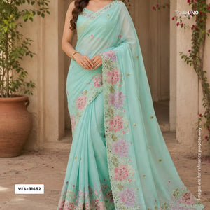 Aqua Blue Cutwork embroidery Crepe Fabric VFS-31652 - TradeUNO