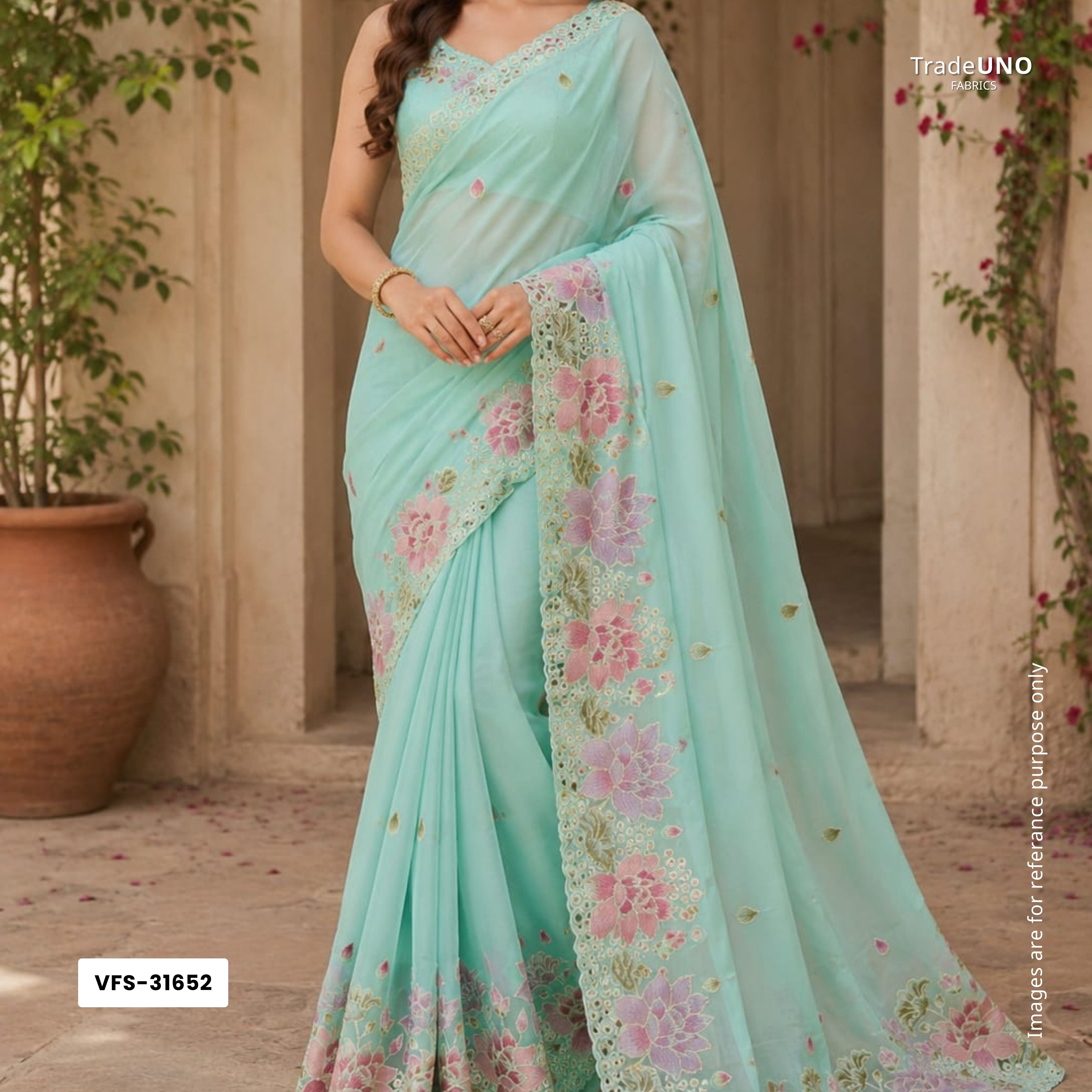 Aqua Blue Cutwork embroidery Crepe Fabric VFS-31652 - TradeUNO