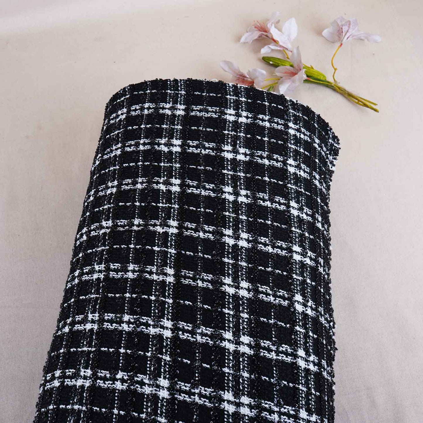 Black & White Check Cutdana Tweed Fabric AF-28980