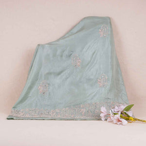Mint Green Traditional Pearl Cutdana Dola Silk Fabric TA-28987 - TradeUNO