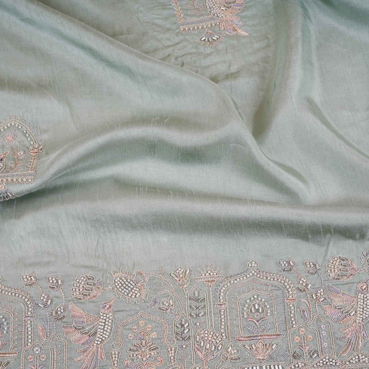 Mint Green Traditional Pearl Cutdana Dola Silk Fabric TA-28987