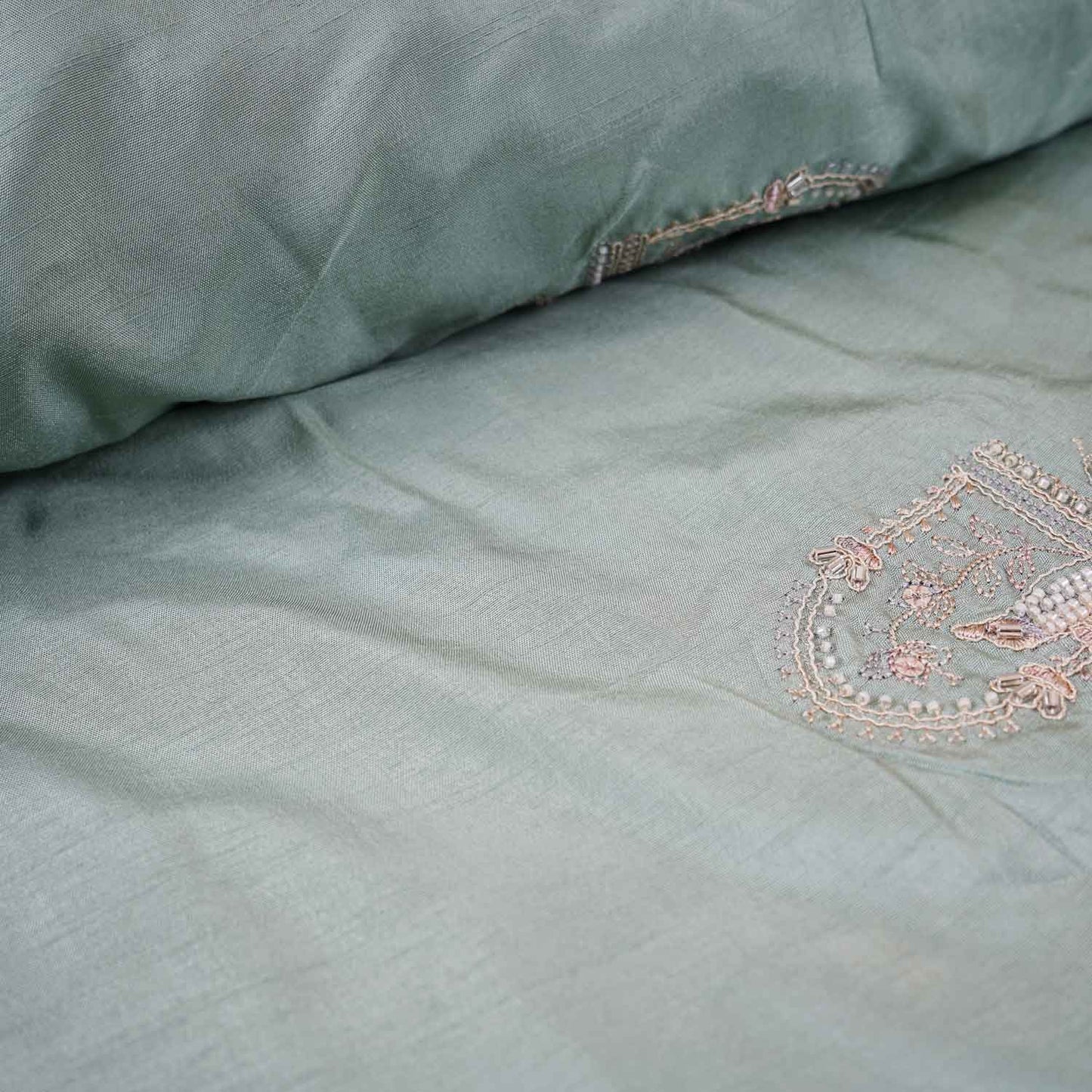 Mint Green Traditional Pearl Cutdana Dola Silk Fabric TA-28987