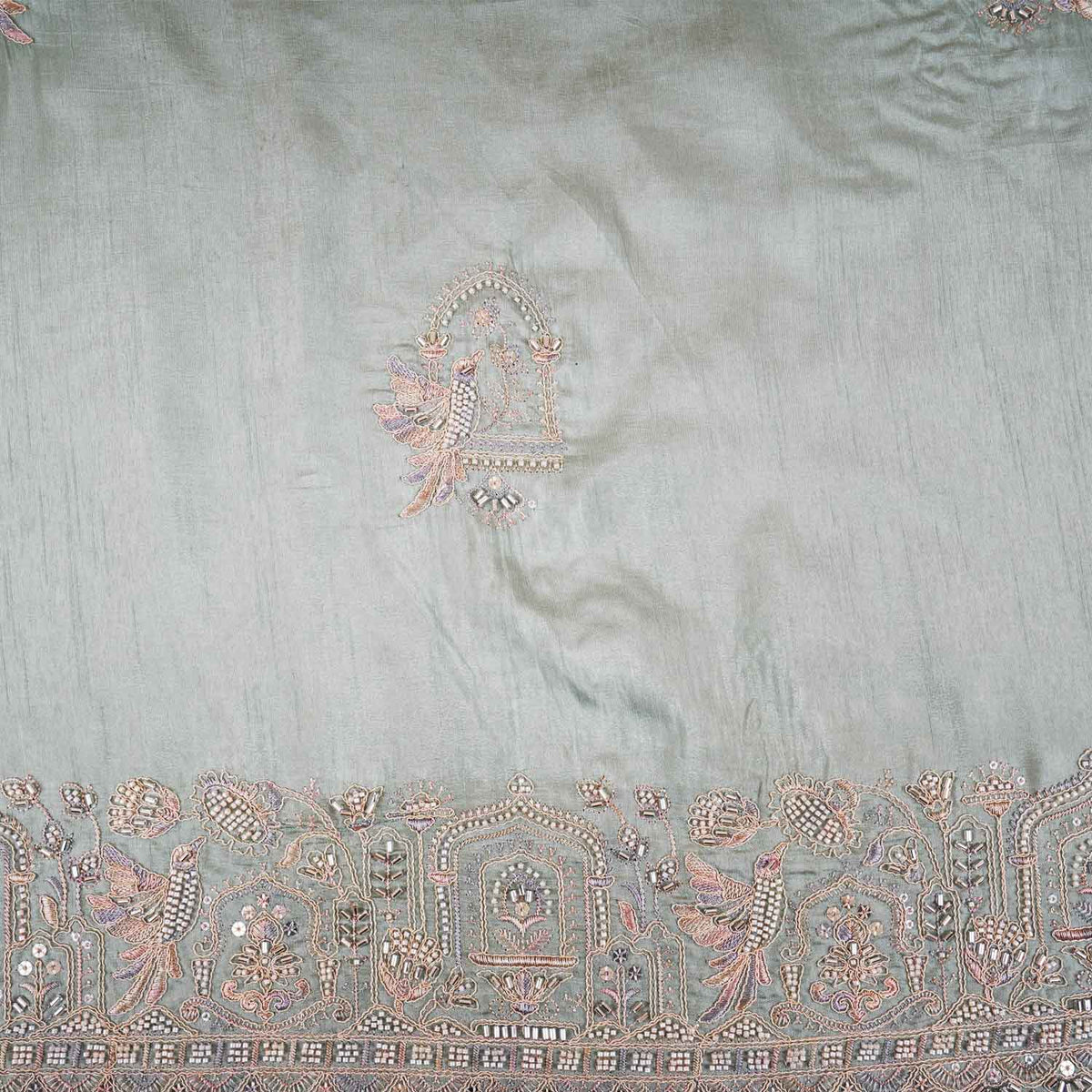 Mint Green Traditional Pearl Cutdana Dola Silk Fabric TA-28987 - TradeUNO