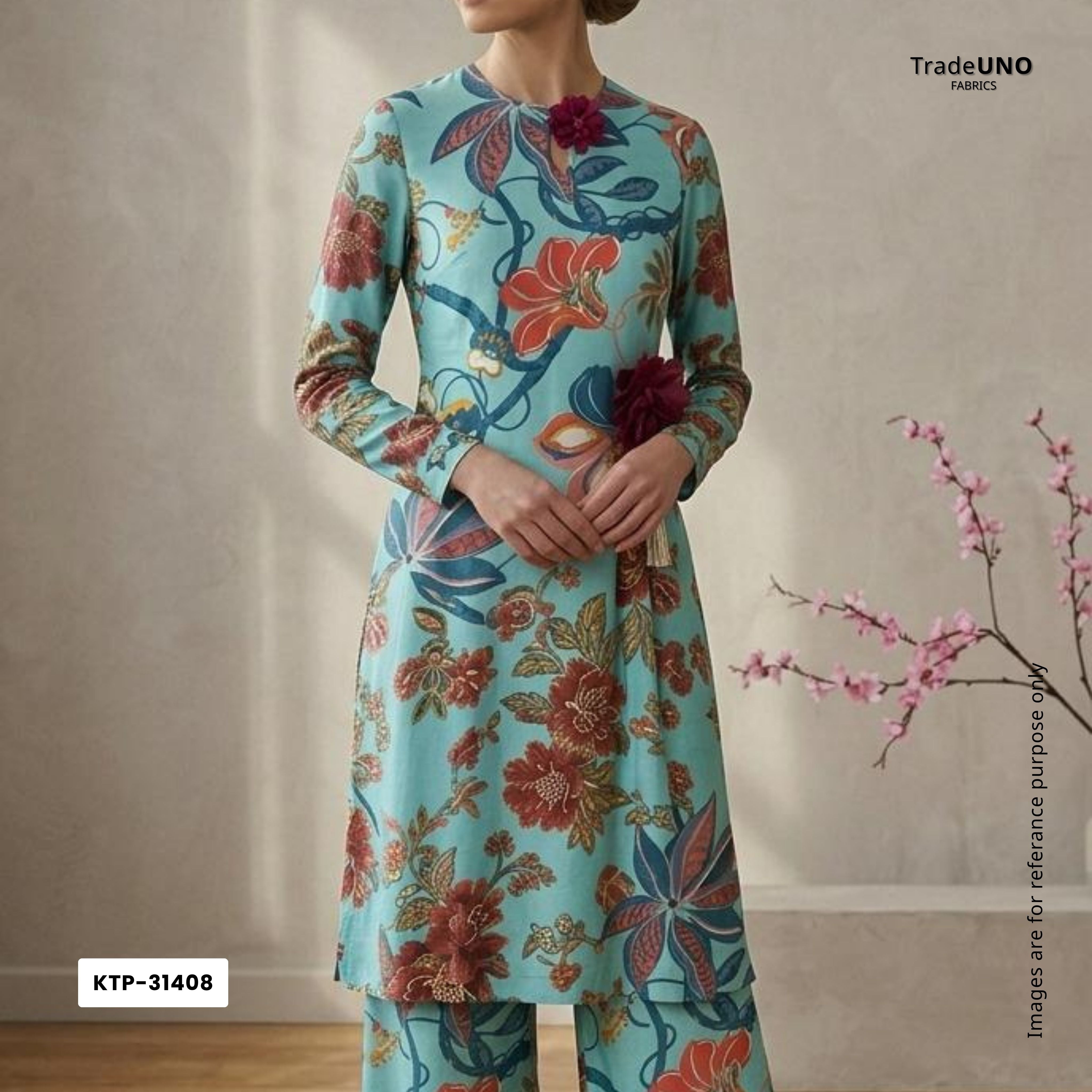 Teal Blue floral print Bemberg Modal Silk Fabric KTP-31408 - TradeUNO