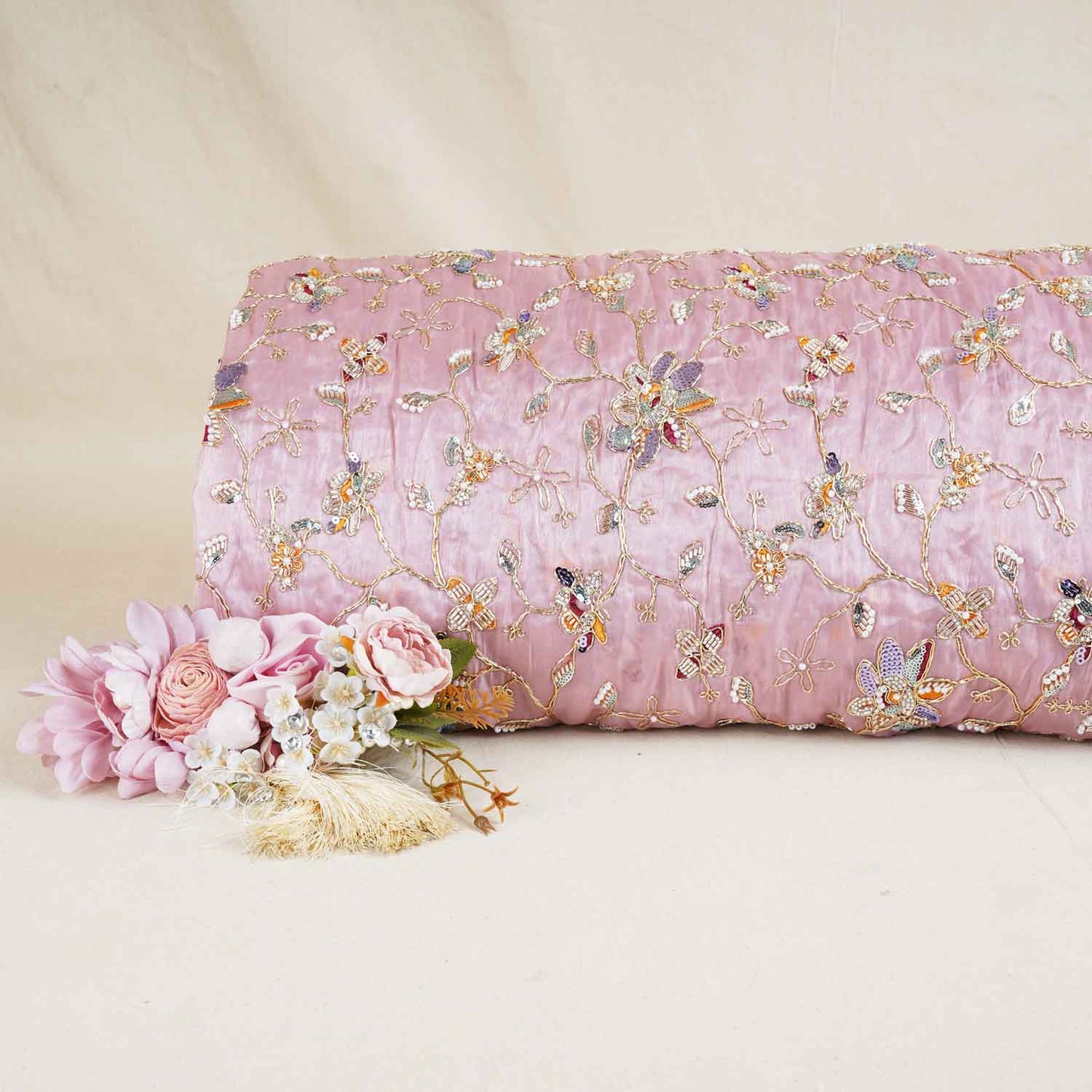 Pink Floral Zari Embroidery Tissue Organza Fabric AF-28990