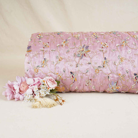 Pink Floral Zari Embroidery Tissue Organza Fabric AF-28990