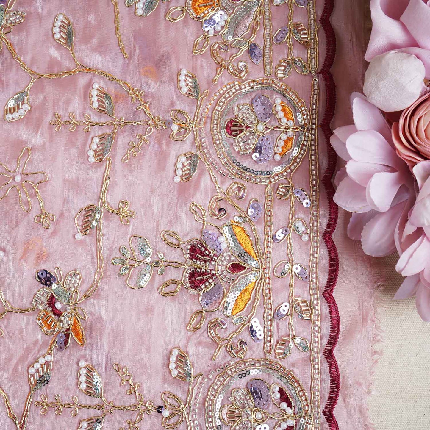 Pink Floral Zari Embroidery Tissue Organza Fabric AF-28990