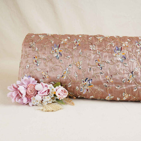 Peach Floral Zari Embroidery Tissue Organza Fabric AF-28991