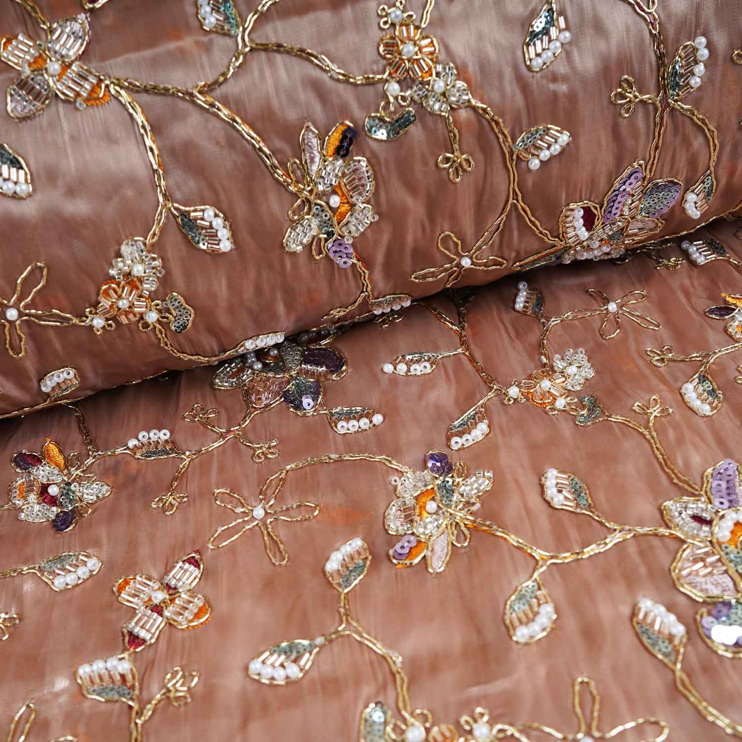 Peach Floral Zari Embroidery Tissue Organza Fabric AF-28991