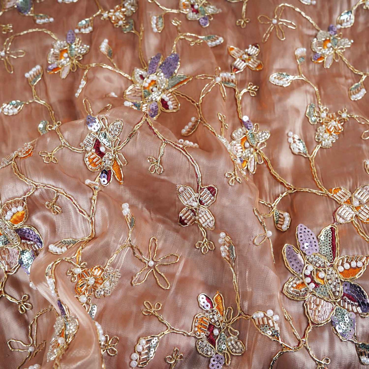 Peach Floral Zari Embroidery Tissue Organza Fabric AF-28991