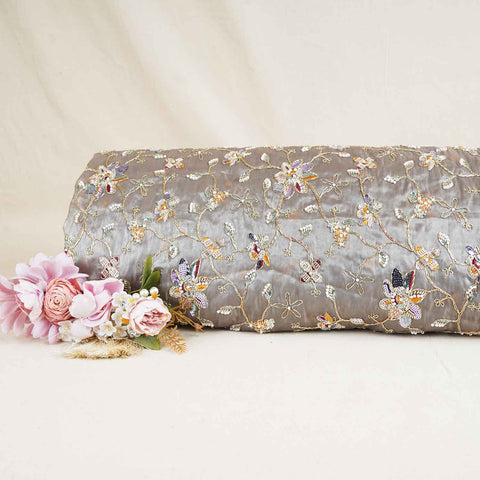 Olive Green Floral Zari Embroidery Tissue Organza Fabric AF-28992