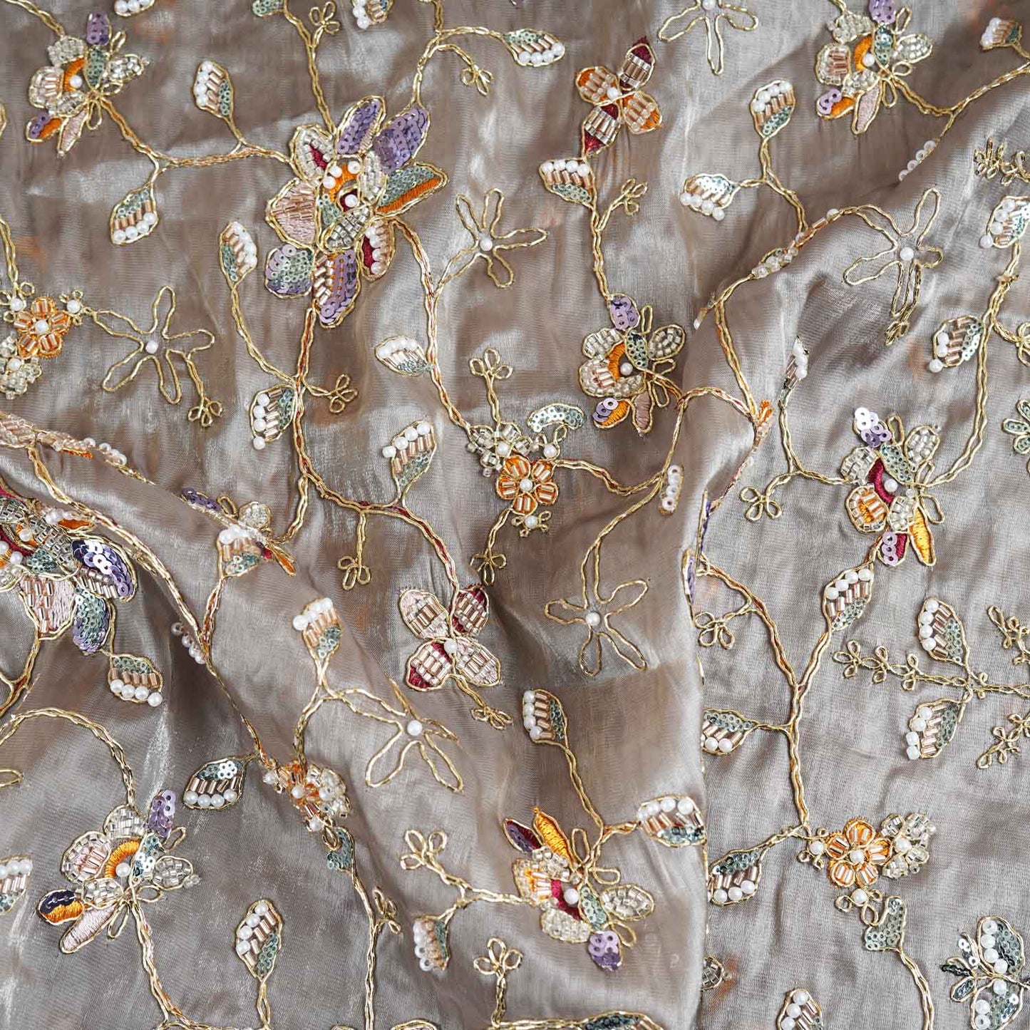 Olive Green Floral Zari Embroidery Tissue Organza Fabric AF-28992