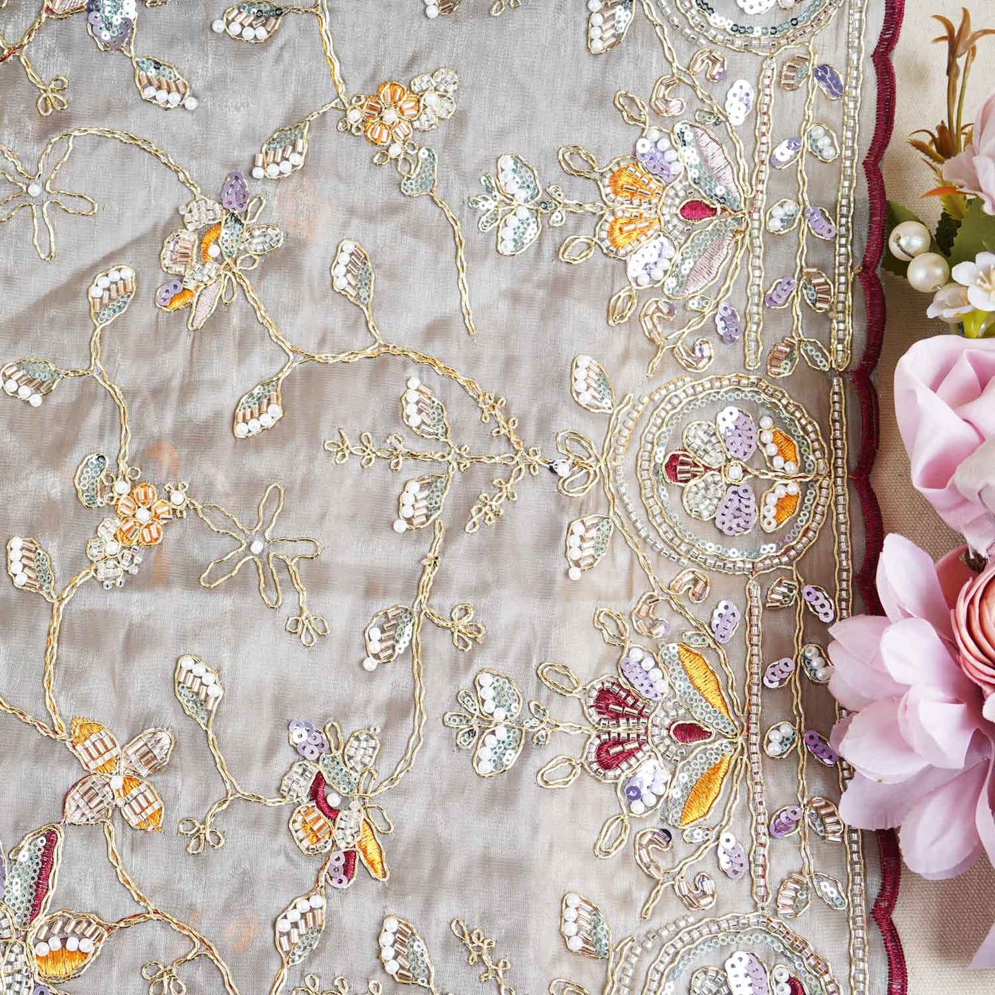 Olive Green Floral Zari Embroidery Tissue Organza Fabric AF-28992