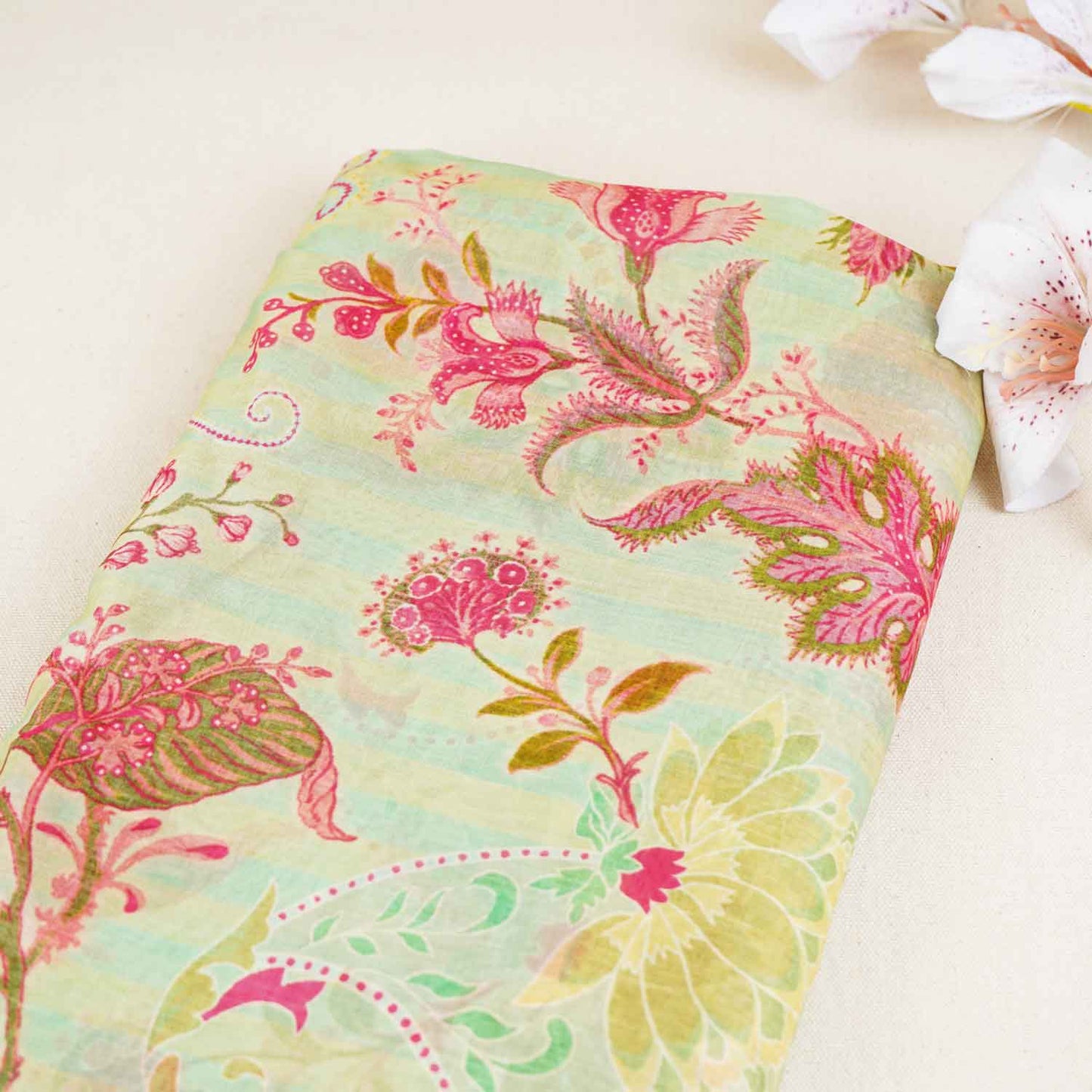 Sea Green Floral Print Organza Fabric GT-28993