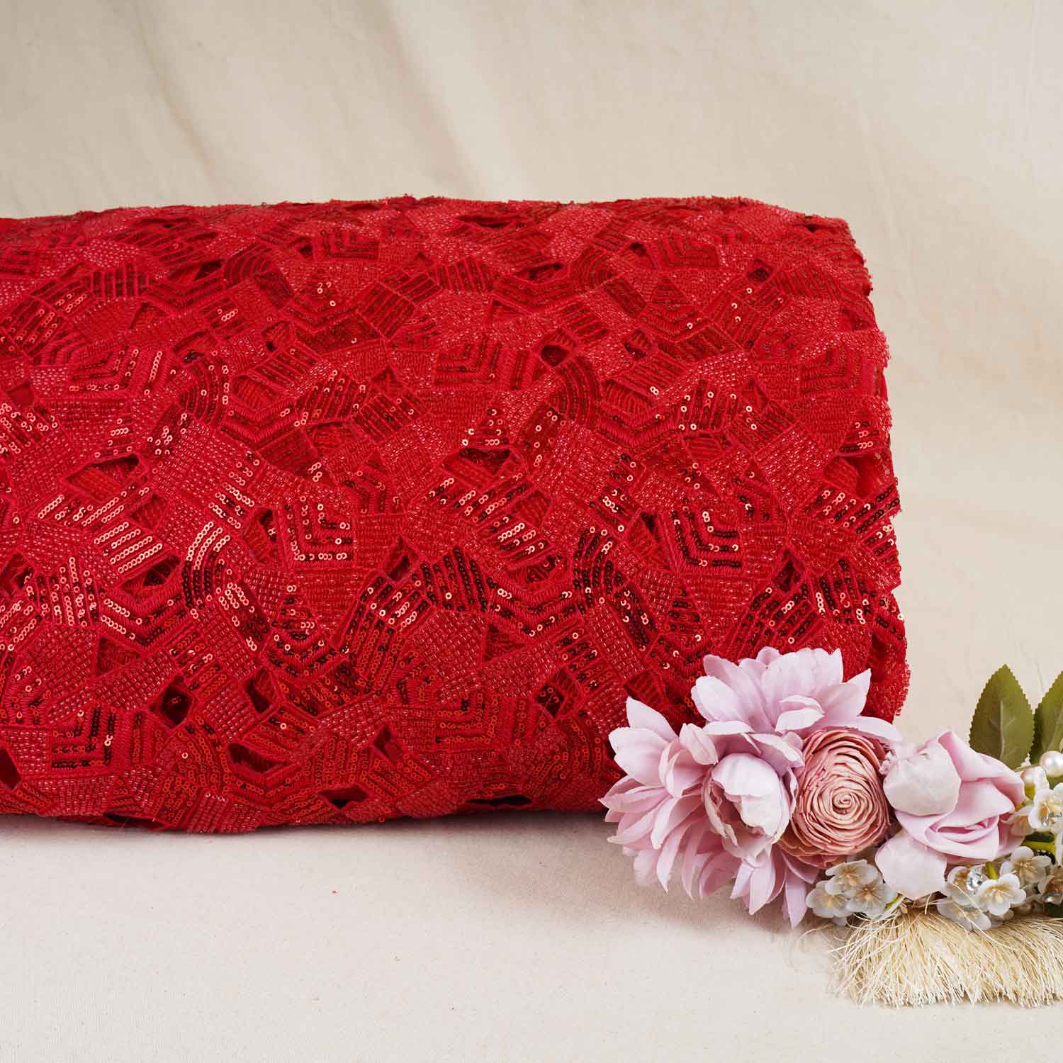 Red Cutwork Embroidery Net Fabric HCS-28996 - TradeUNO