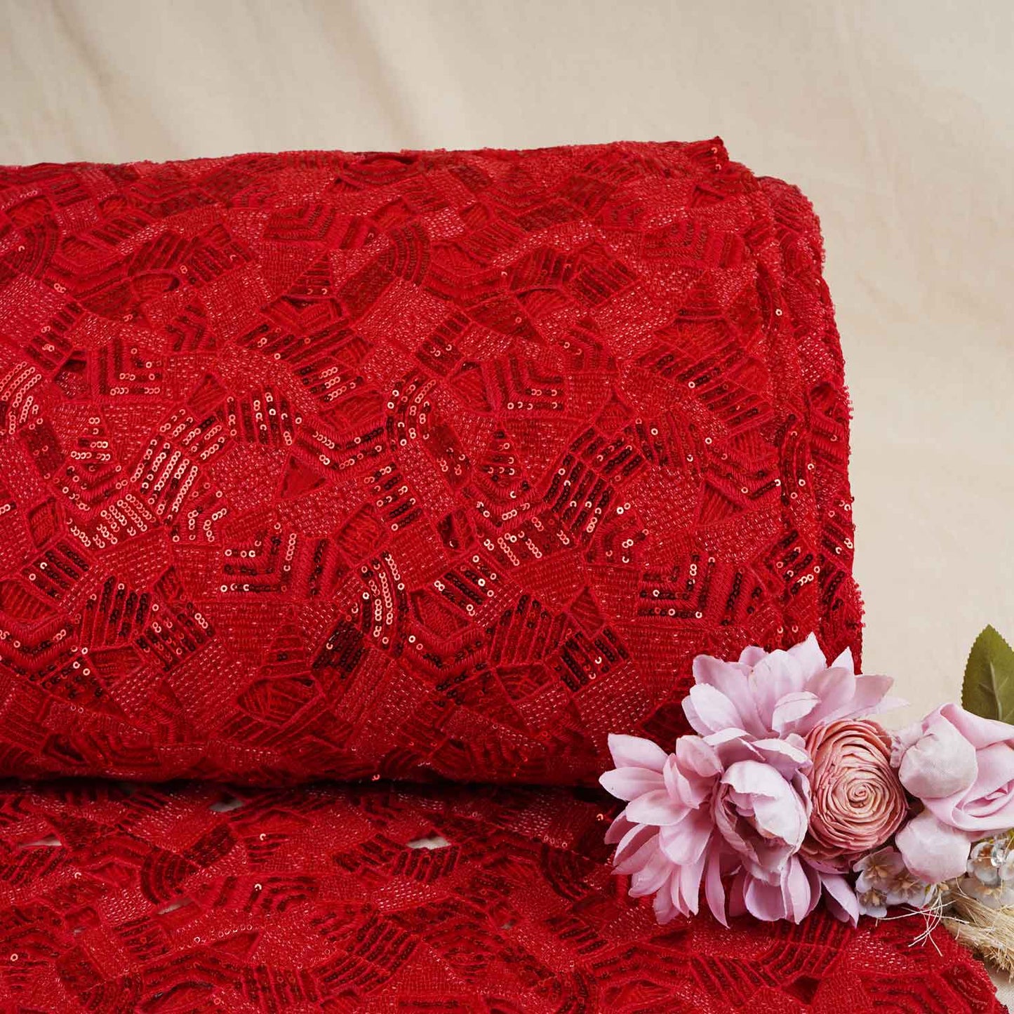 Red Cutwork Embroidery Net Fabric HCS-28996