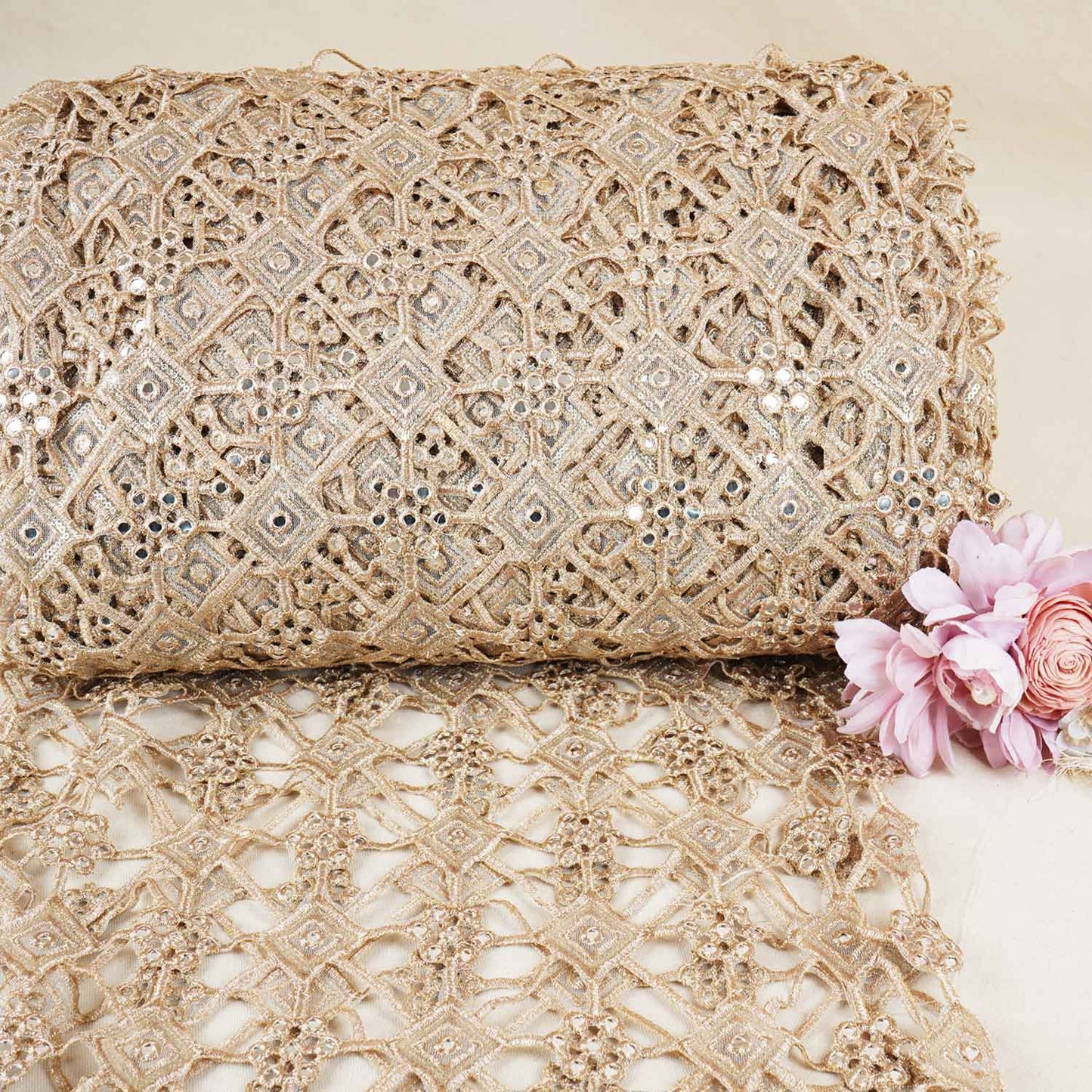 Golden Cutwork Embroidery Net Fabric HCS-28999