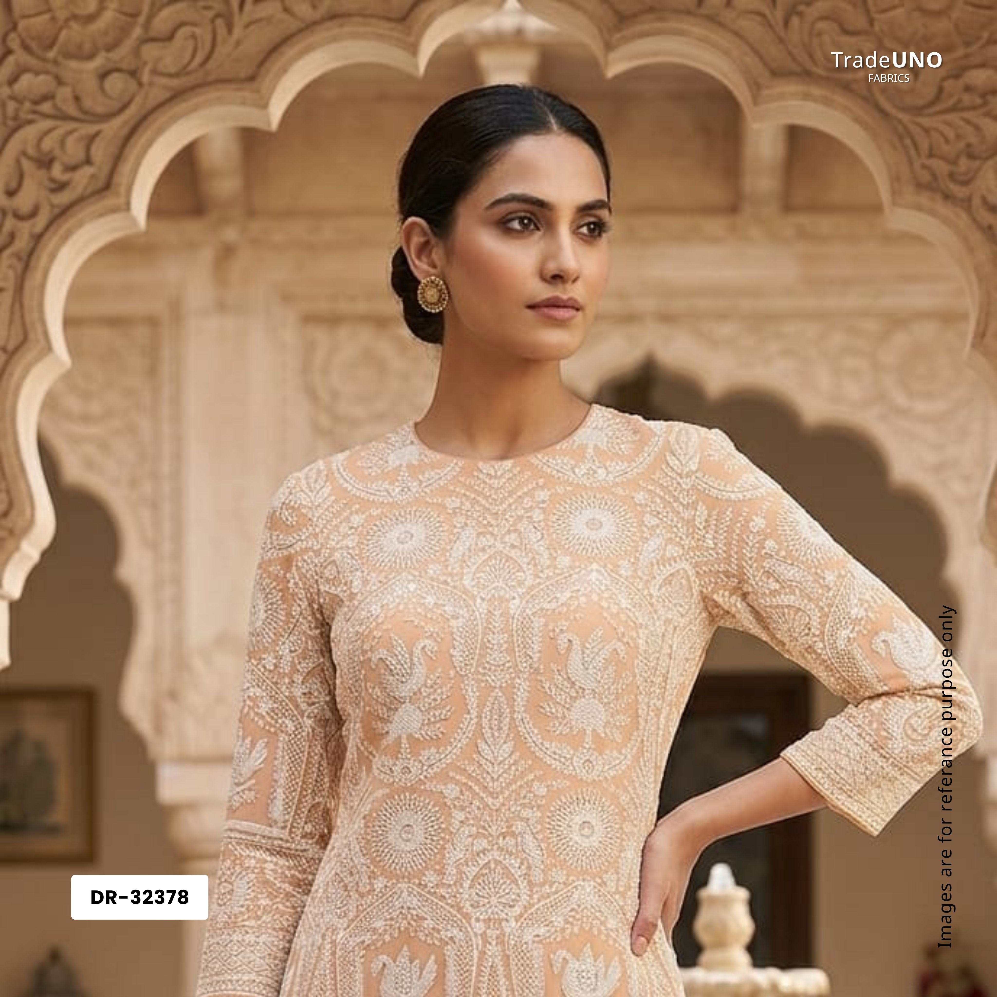 Peach Parsi Gara Embroidery Georgette Fabric DR-32378 - TradeUNO