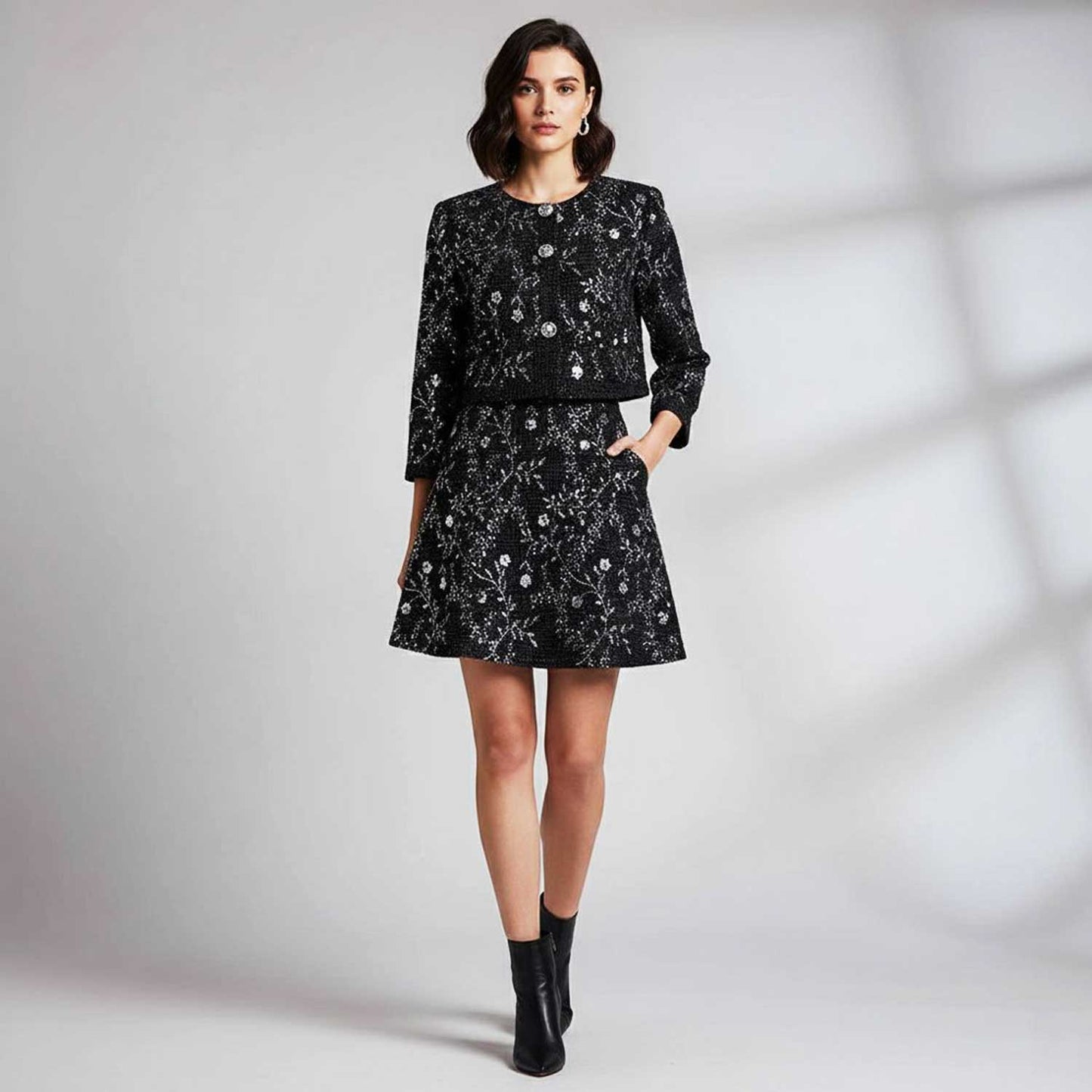 Black Floral Embroidery Tweed Fabric PDM-28942