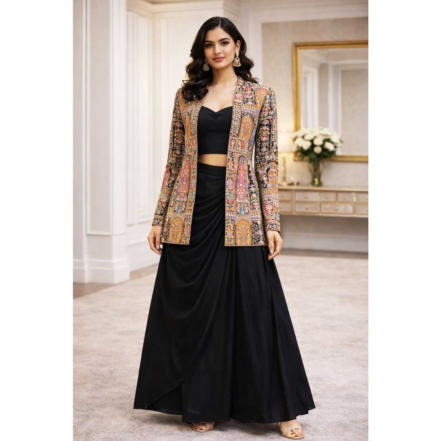 Black Traditional Zari Embroidery Crepe Fabric LT-28626