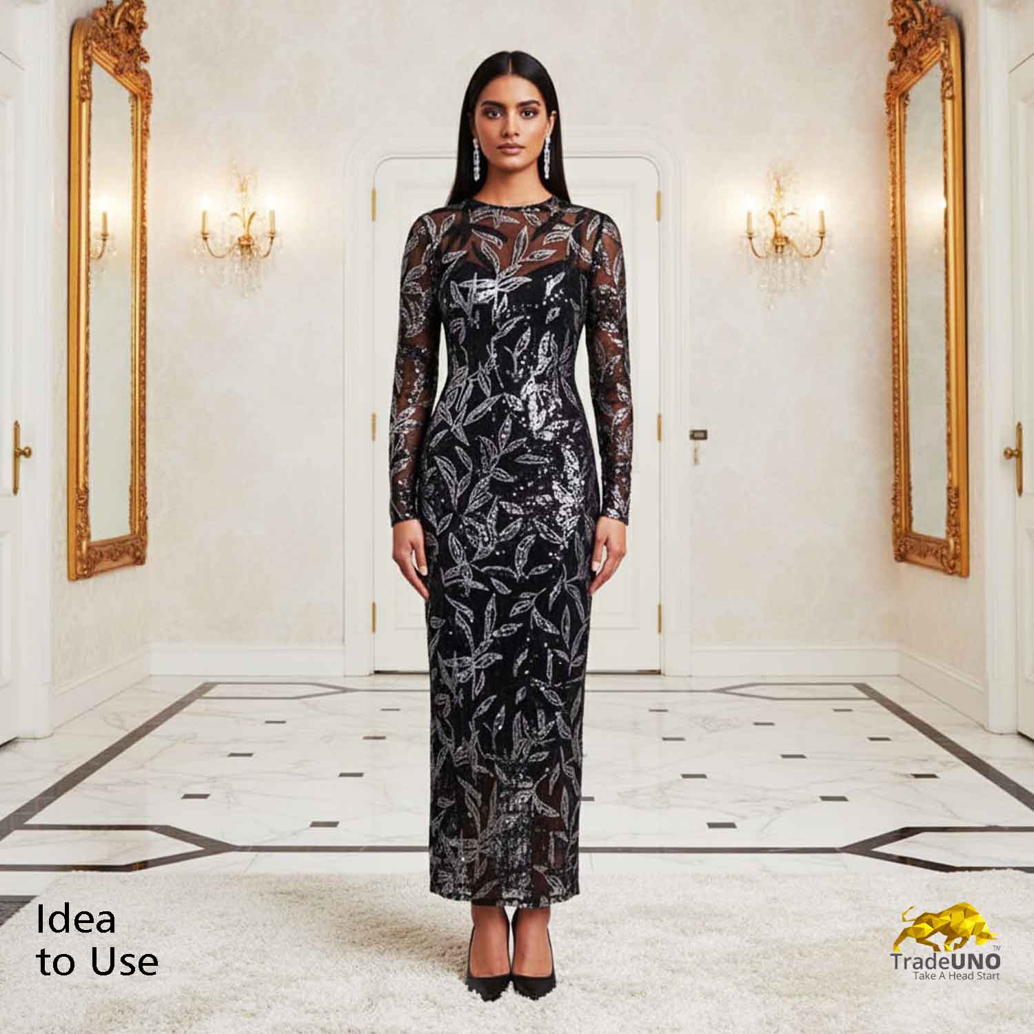 Black & Silver Imported Sequence Embroidery Net CF-12474 - TradeUNO