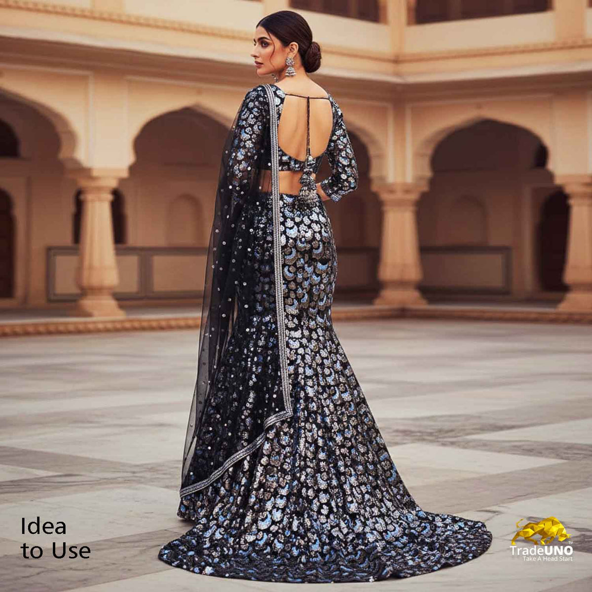 Black & Sky Blue Imported Sequins Embroidery Power Net Fabric - TradeUNO
