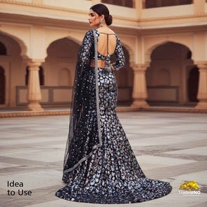 Black & Sky Blue Imported Sequins Embroidery Power Net Fabric - TradeUNO