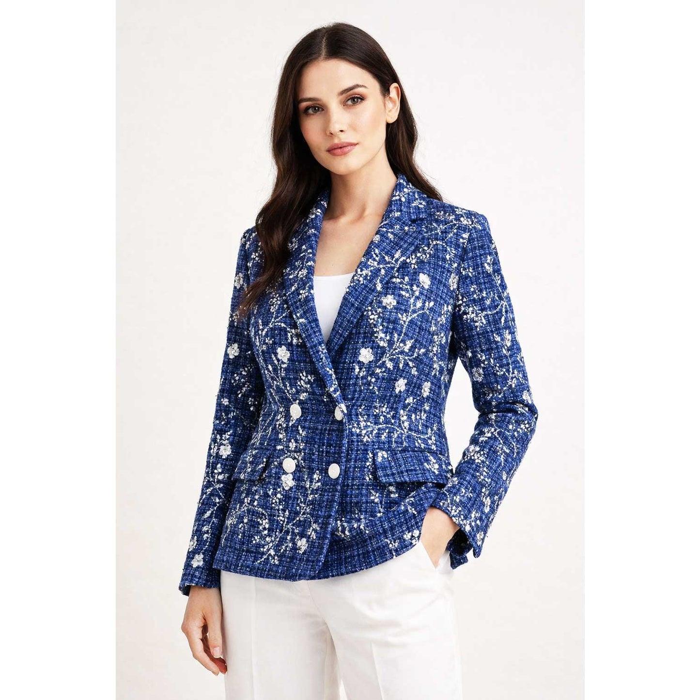 Blue Floral Embroidery Tweed Fabric PDM-28941