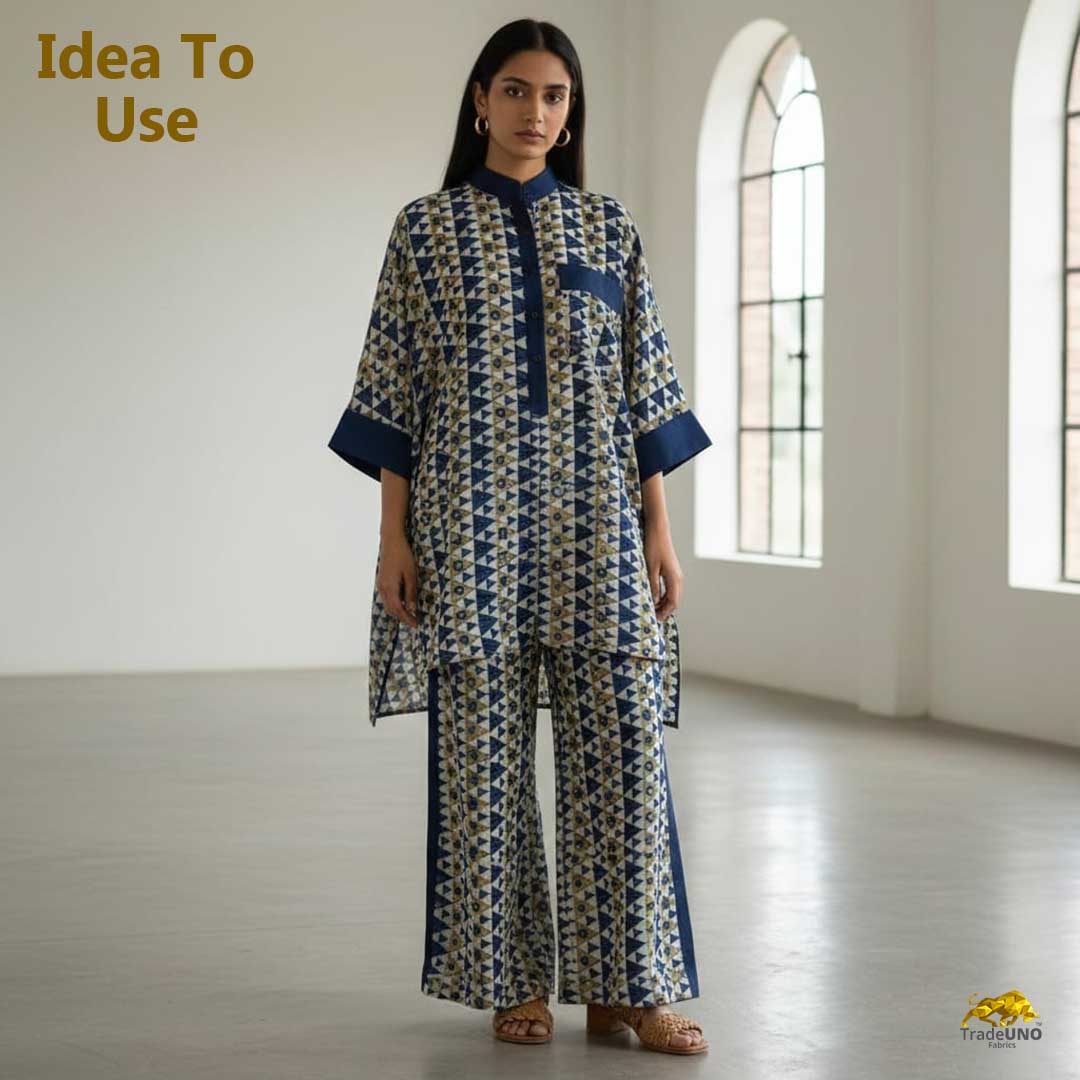 Blue Geometrical Print Modal Satin Fabric EEG-28714