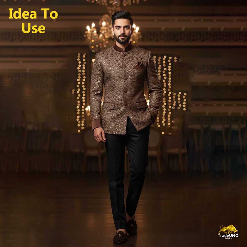 Brown Thread Sequins Embroidery Russian Silk Fabric 19686