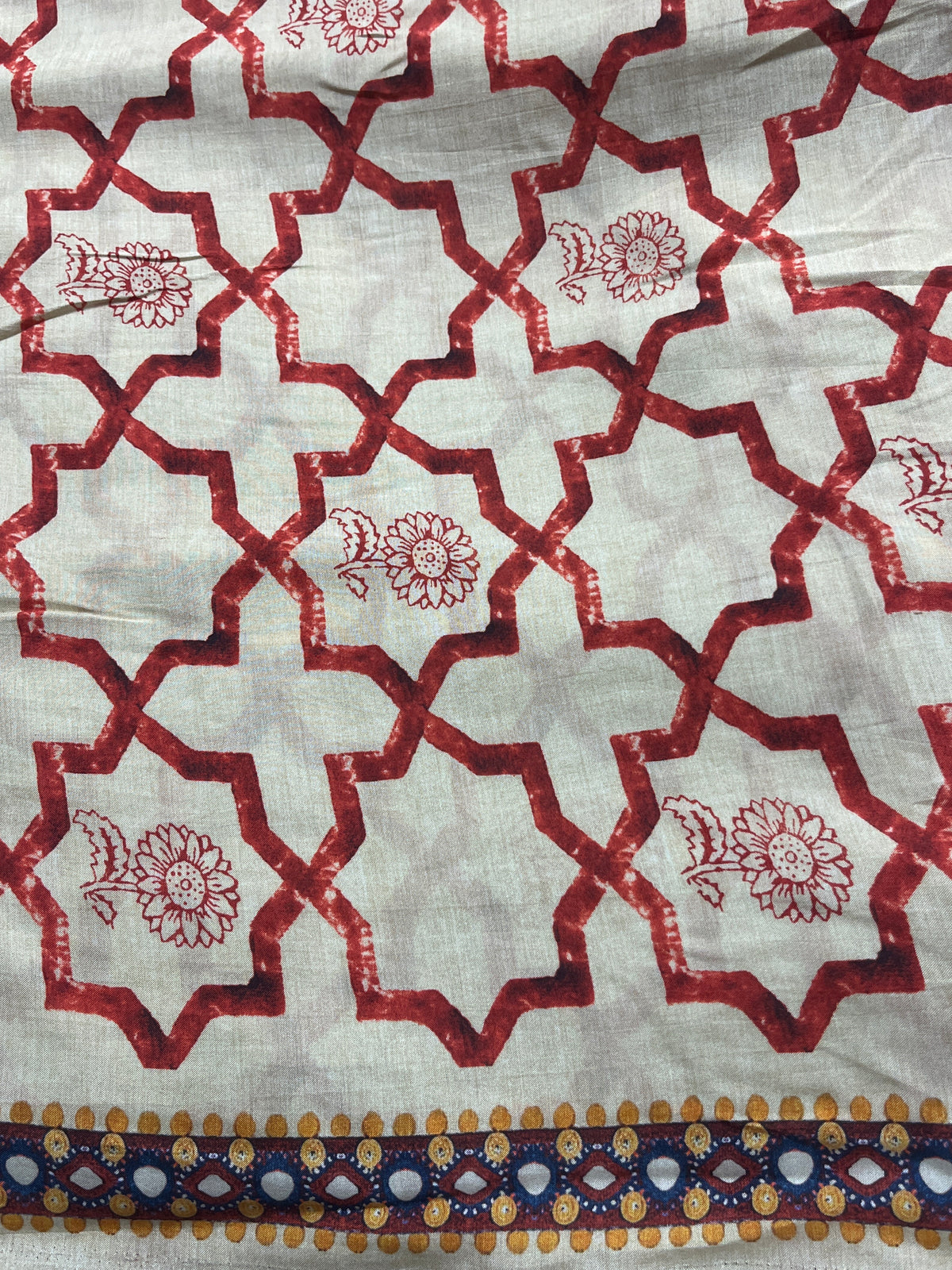 Cream & Red Geometrical Border Print Muslin SSF-16198