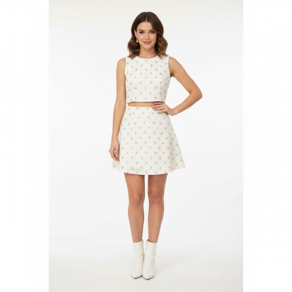 Cream Cutdana Tweed Fabric AF-27967 - TradeUNO