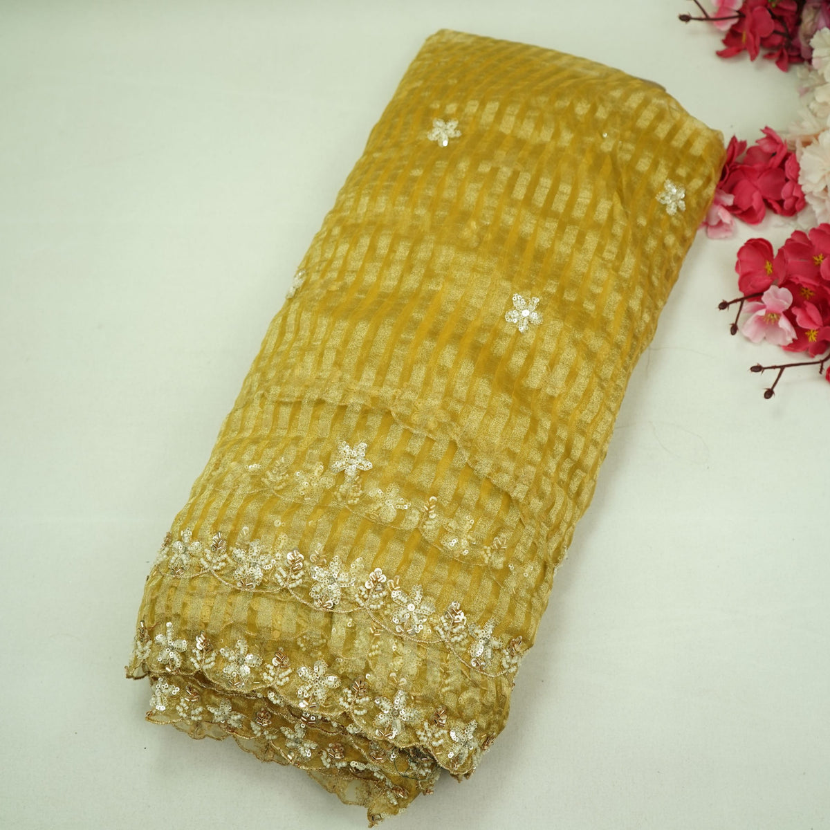Yellow Floral Cutdana Embroidery Fendi Tissue Fabric GT-35270
