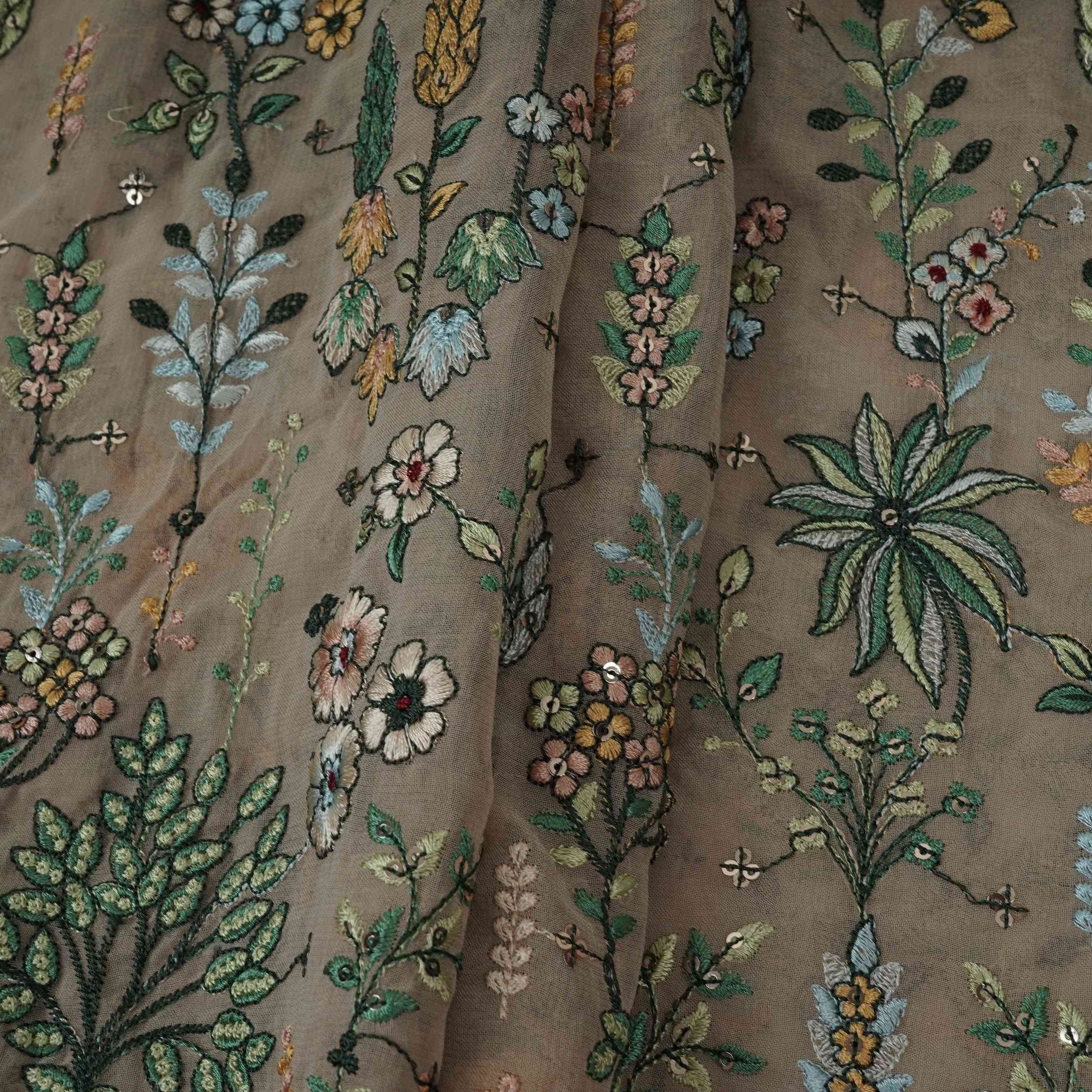 Greige Thread Embroidery Georgette Fabric DR-32383 - TradeUNO