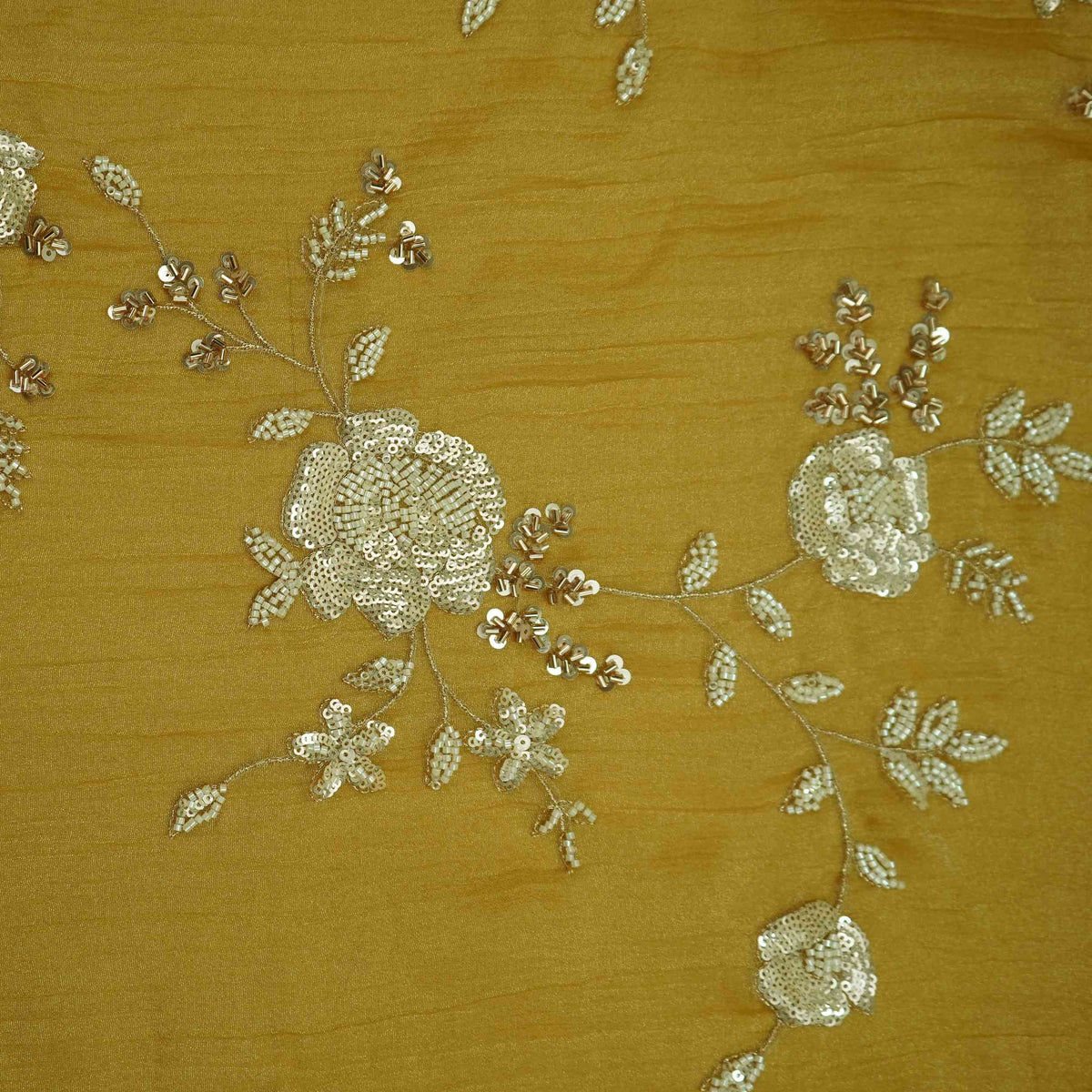 Yellow Floral Cutdana Embroidery Fendi Tissue Fabric GT-35270