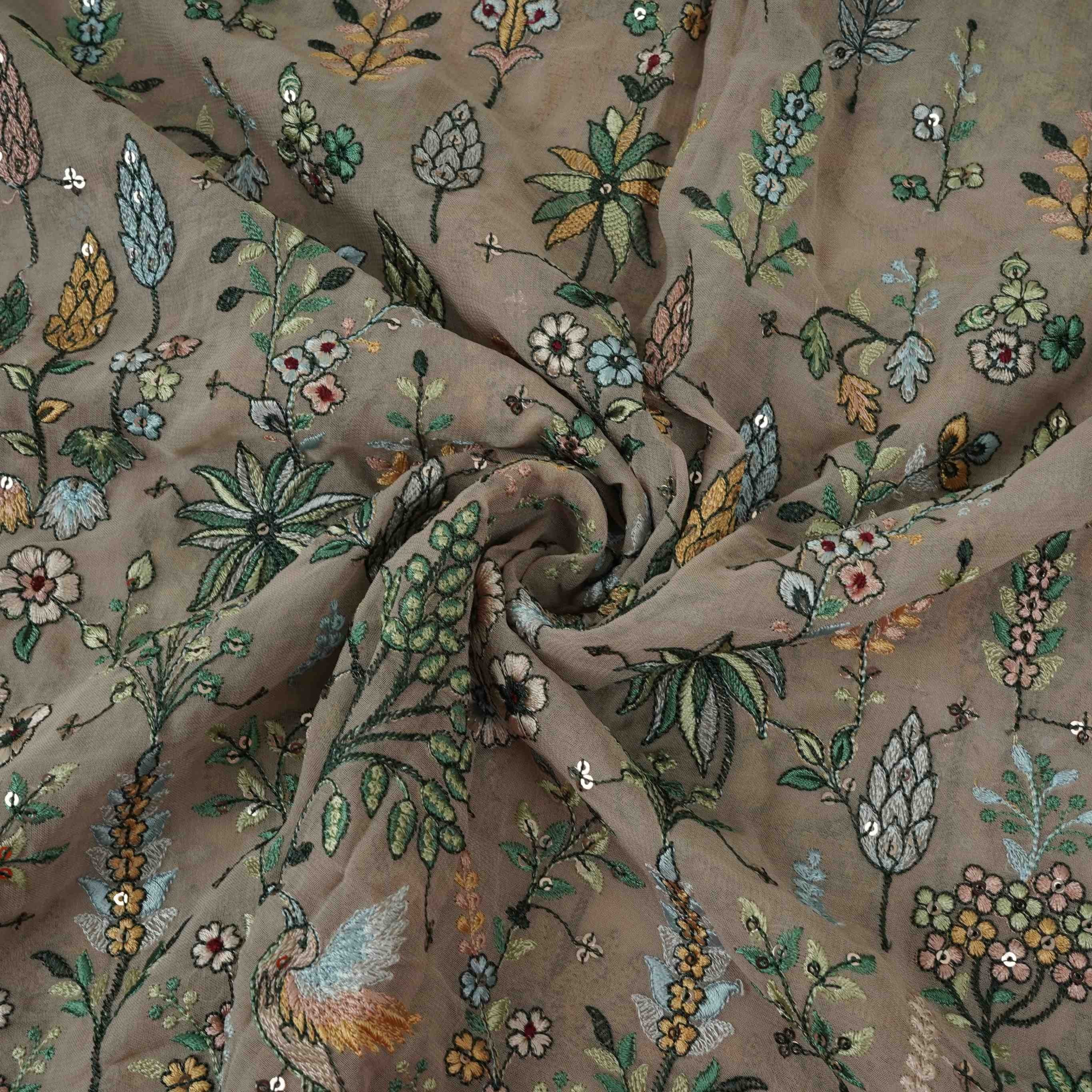Greige Thread Embroidery Georgette Fabric DR-32383 - TradeUNO
