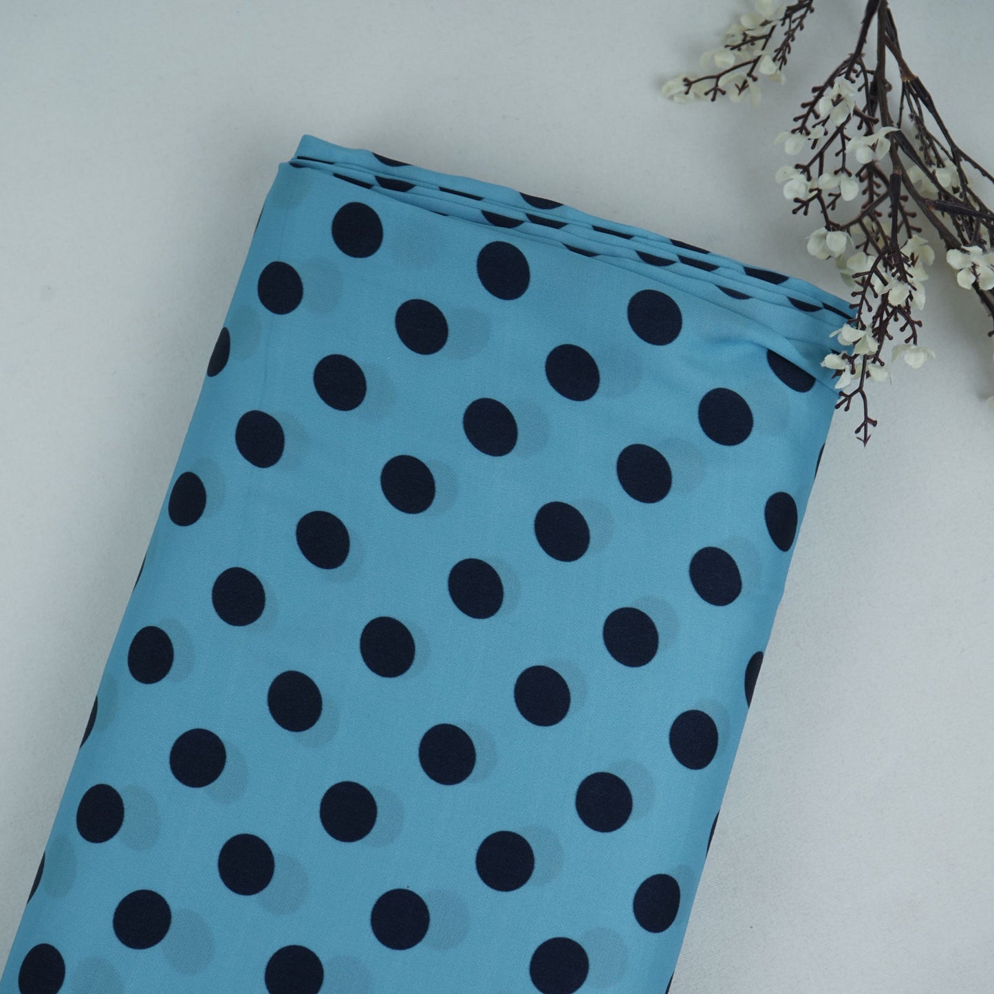 Light Blue & Black Polka Dot Twill Satin Fabric VP-32442