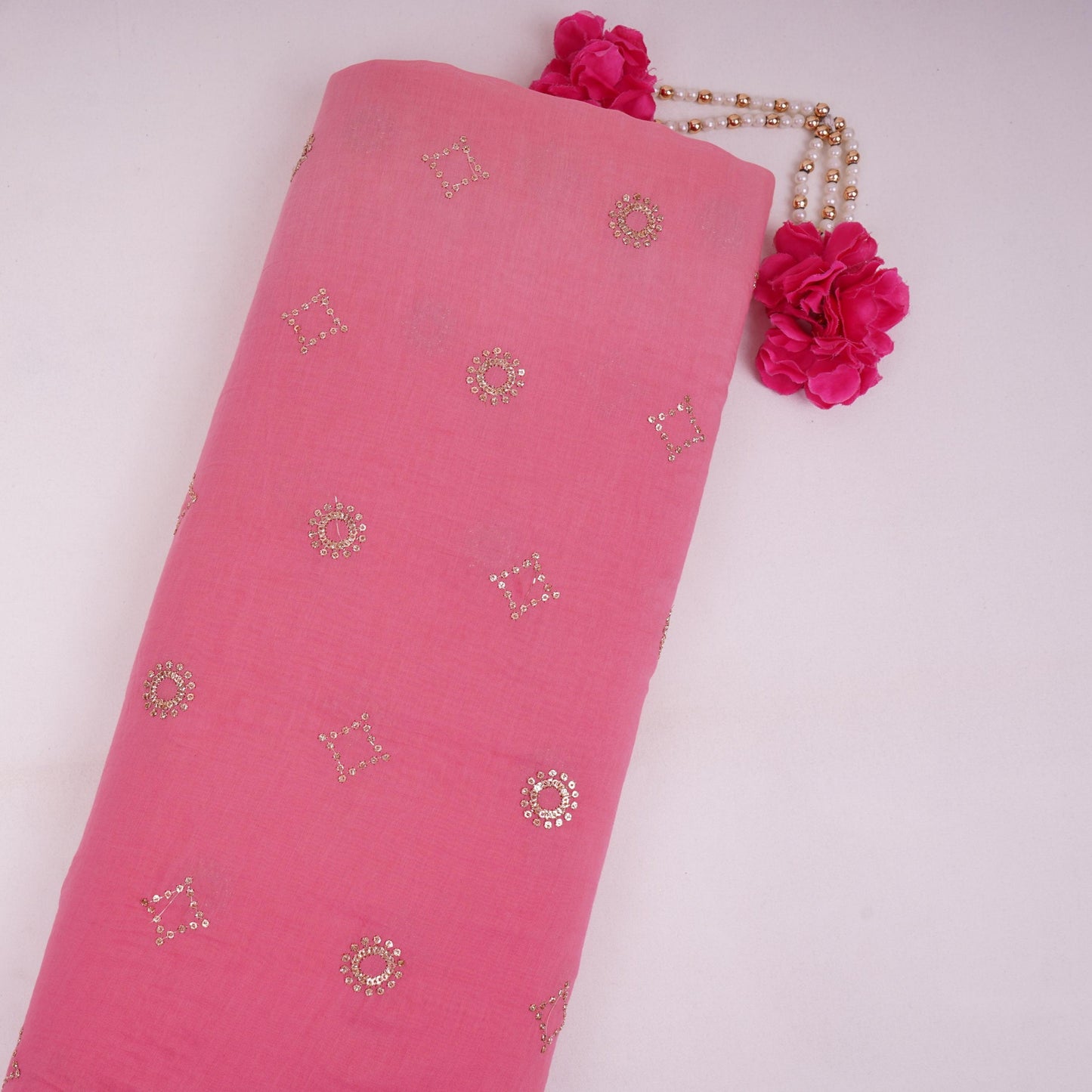 Pink With Peach 4D Geometrical Sequins Embroidery Malai Chanderi Fabric VF-32318