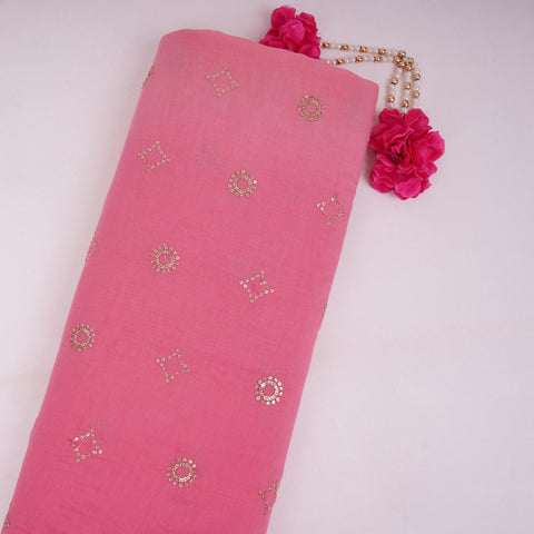 Pink With Peach 4D Geometrical Sequins Embroidery Malai Chanderi Fabric VF-32318