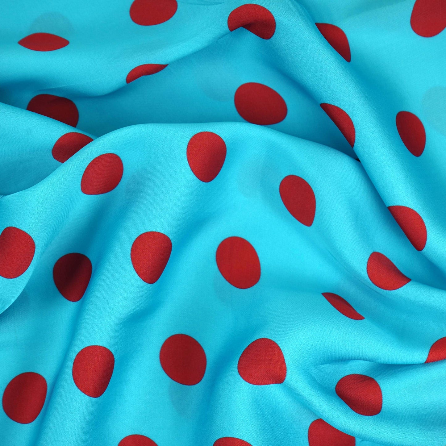 Sky Blue & Red Polka Dot Twill Satin Fabric VP-32436