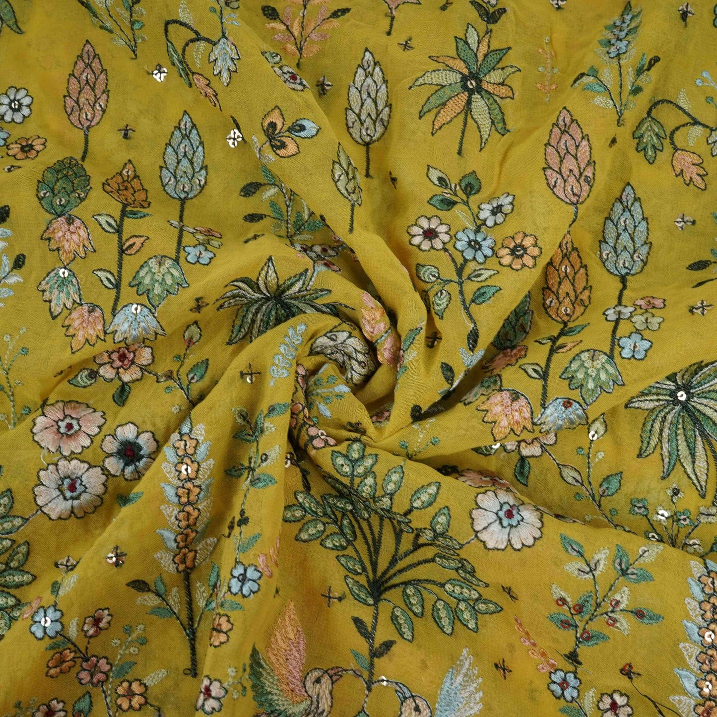 Yellow Thread Embroidery Georgette Fabric DR-32380