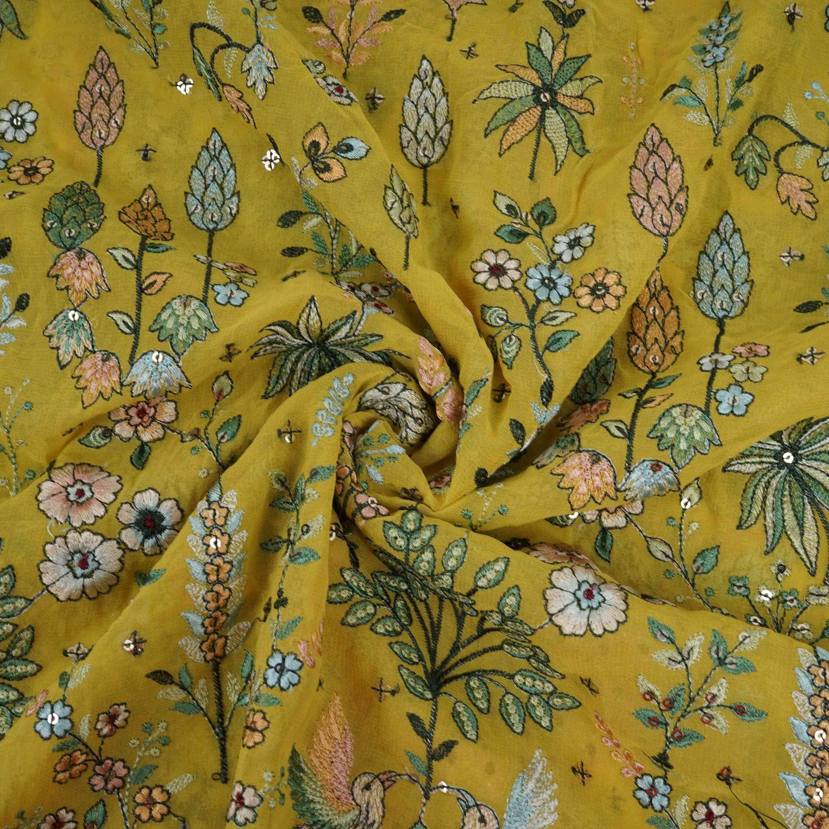 Yellow Thread Embroidery Georgette Fabric DR-32380 - TradeUNO