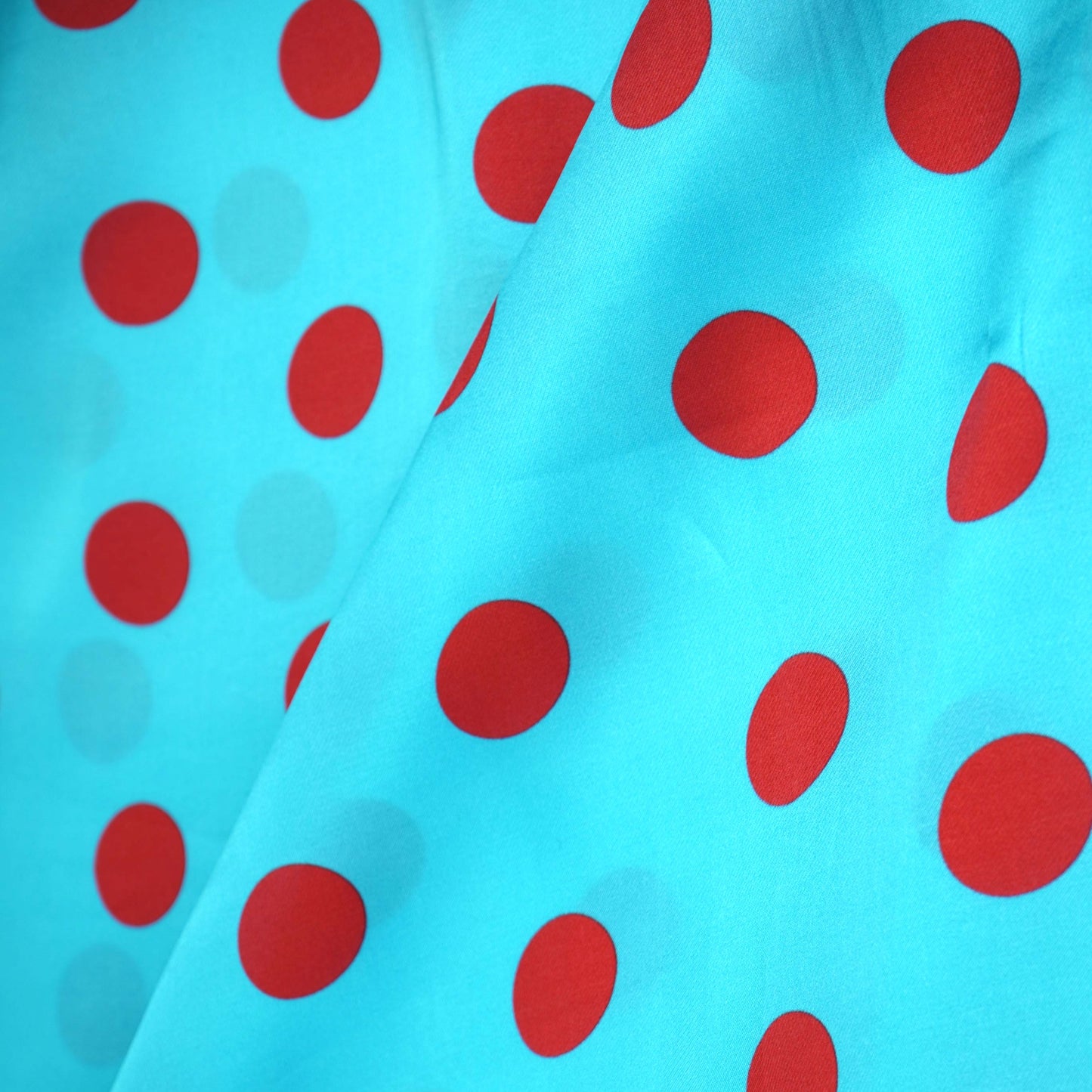 Sky Blue & Red Polka Dot Twill Satin Fabric VP-32436