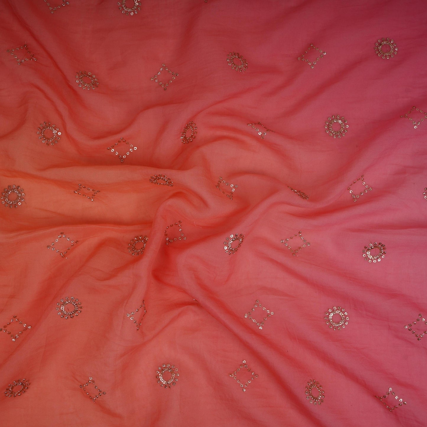 Pink With Peach 4D Geometrical Sequins Embroidery Malai Chanderi Fabric VF-32318