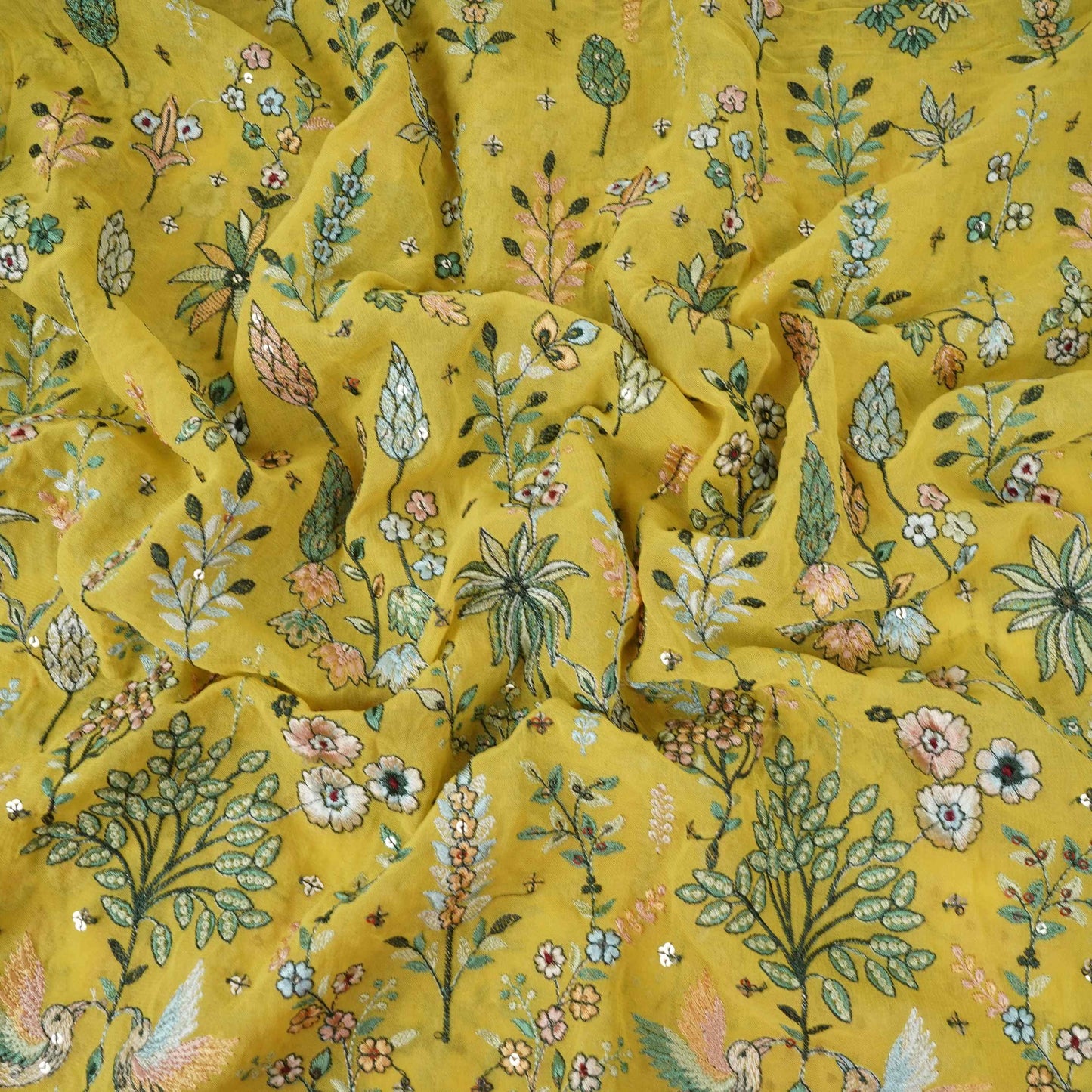 Yellow Thread Embroidery Georgette Fabric DR-32380