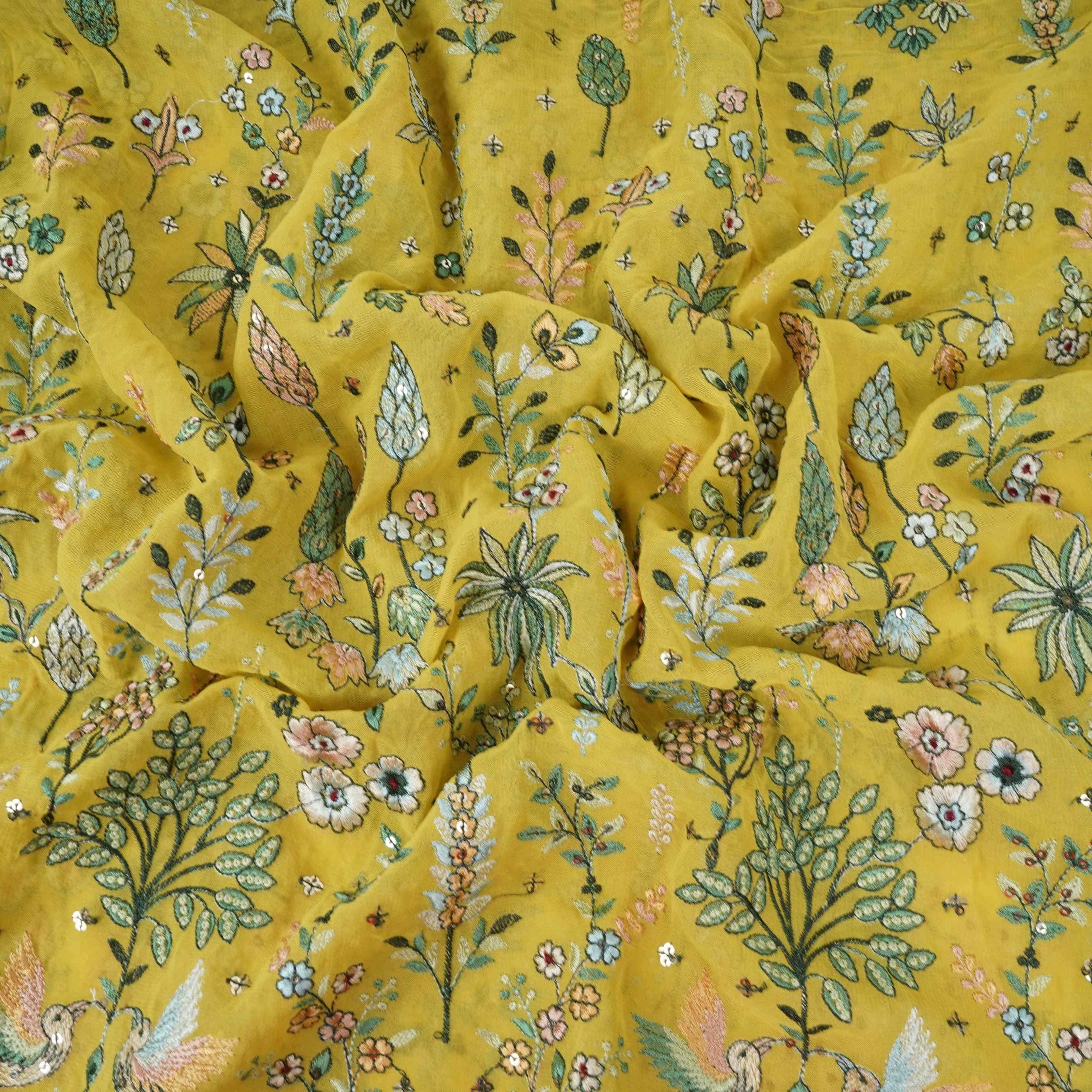 Yellow Thread Embroidery Georgette Fabric DR-32380 - TradeUNO