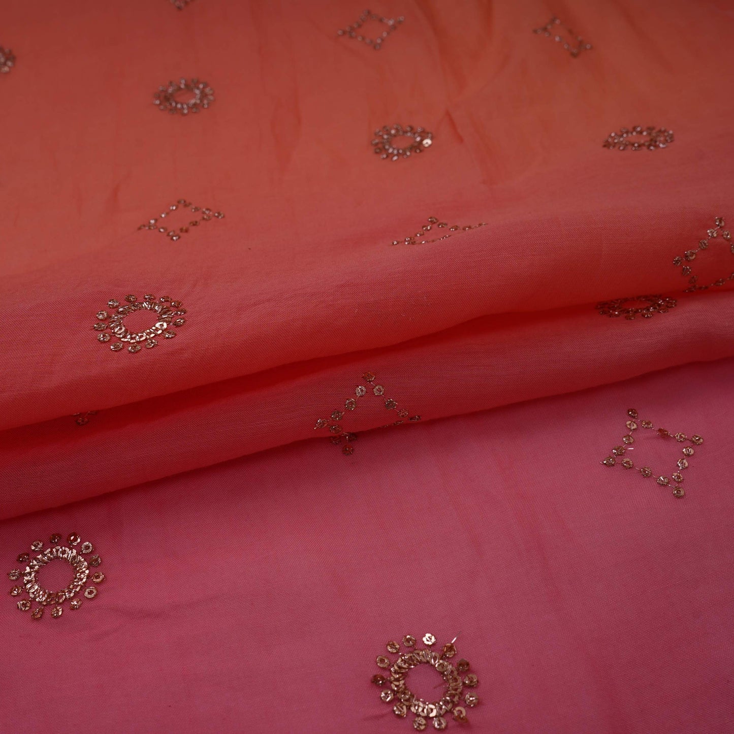 Pink With Peach 4D Geometrical Sequins Embroidery Malai Chanderi Fabric VF-32318